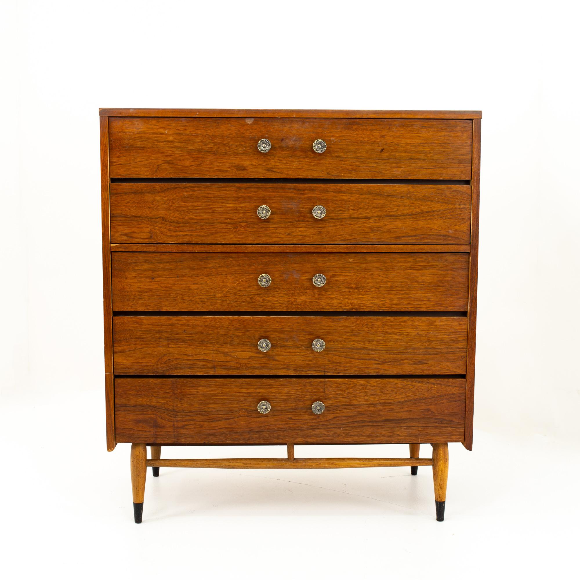 Lane Acclaim Mid Century walnut 5-drawer highboy dresser
Dresser measures: 38 wide x 18 deep x 43 high

This price includes getting this piece in what we call Restored Vintage Condition. That means the piece is permanently fixed upon purchase so