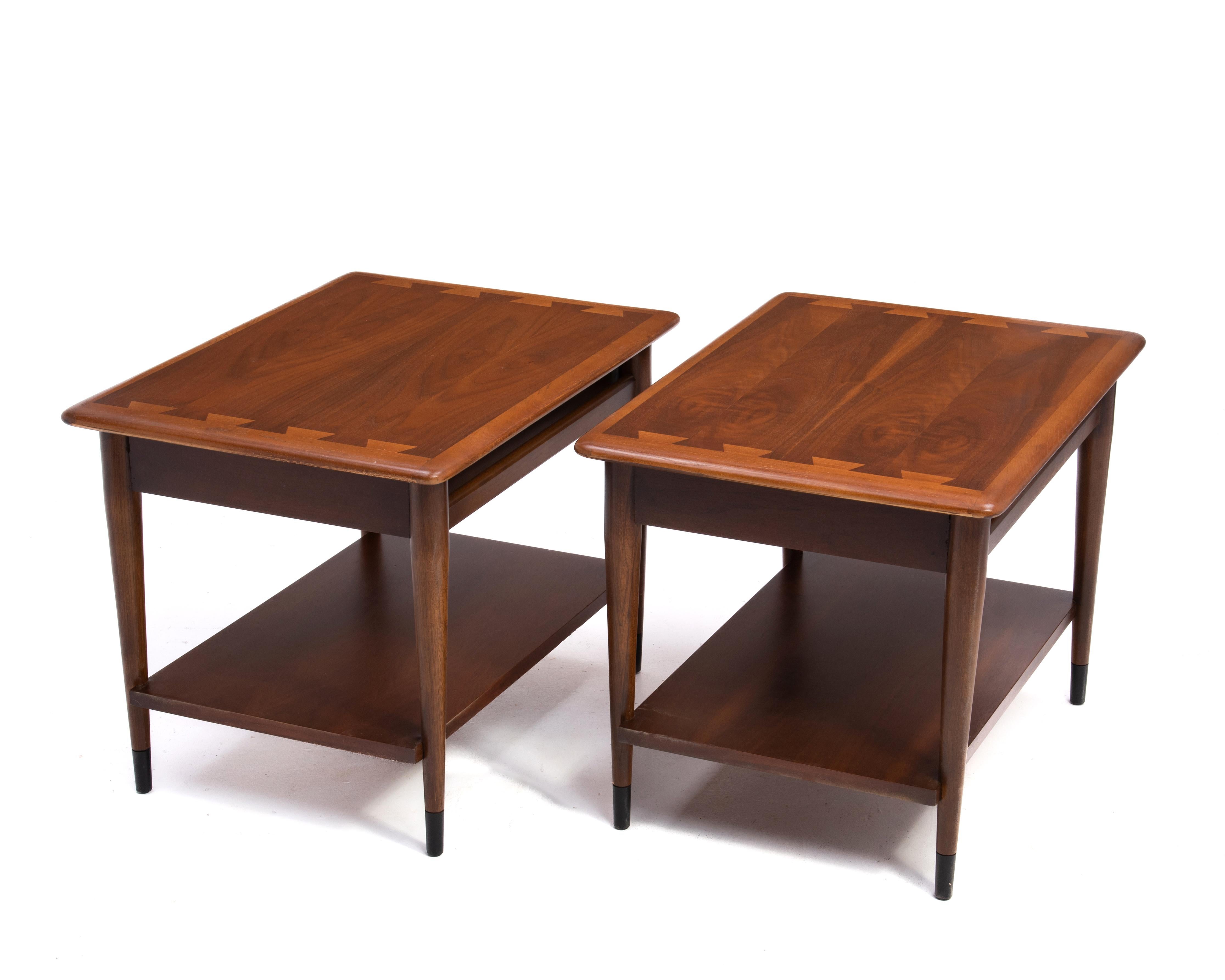 Mid-Century Modern Lane Acclaim Single Drawer Side End Tables Book Matched Walnut Andre Bus a Pair