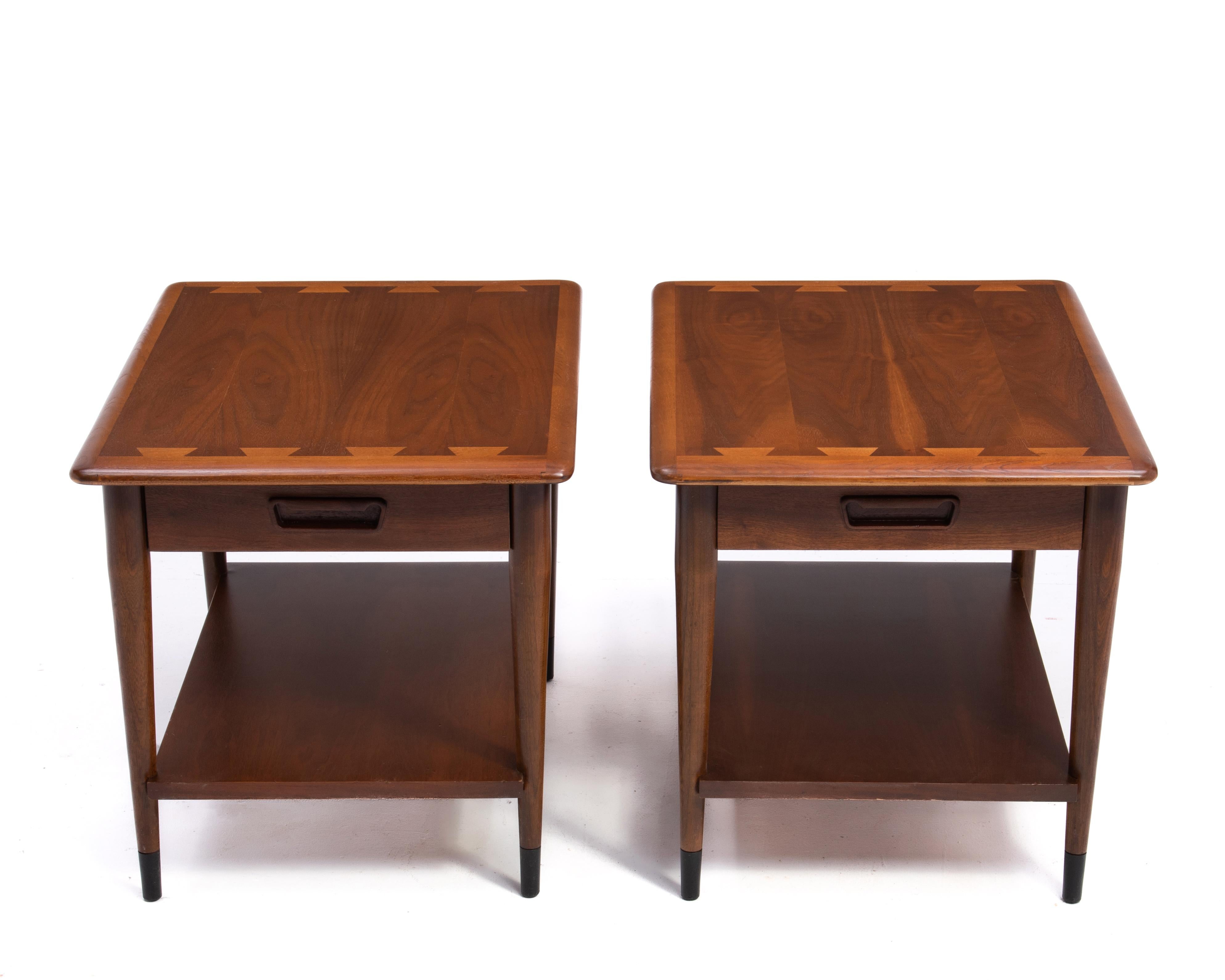 Late 20th Century Lane Acclaim Single Drawer Side End Tables Book Matched Walnut Andre Bus a Pair