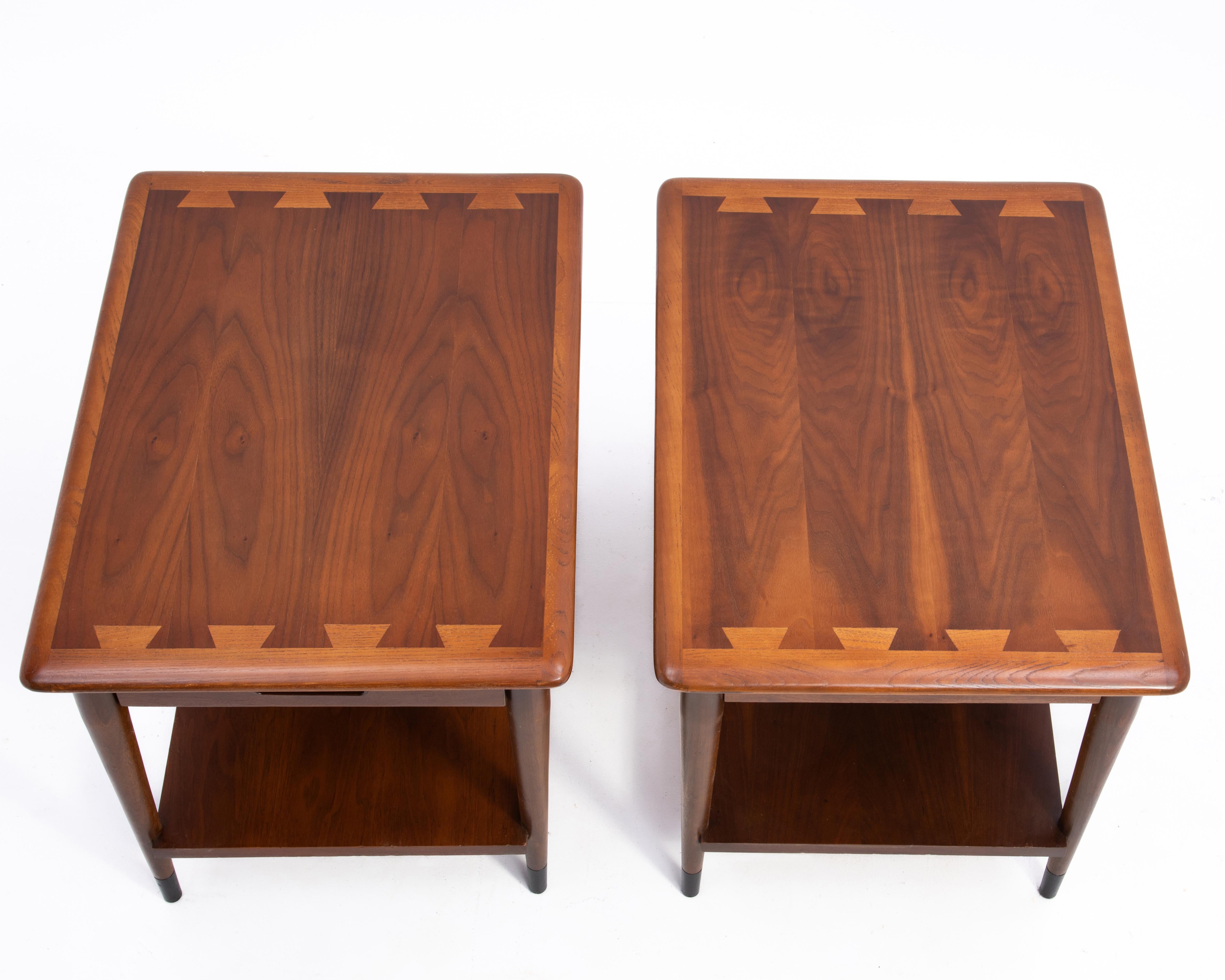 Metal Lane Acclaim Single Drawer Side End Tables Book Matched Walnut Andre Bus a Pair For Sale