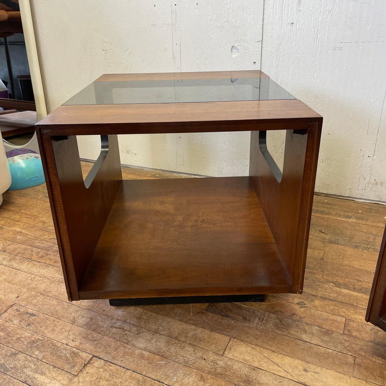 Smoked Glass Lane Altavista Mid-Century Modern Walnut and Glass End Tables, a Pair For Sale