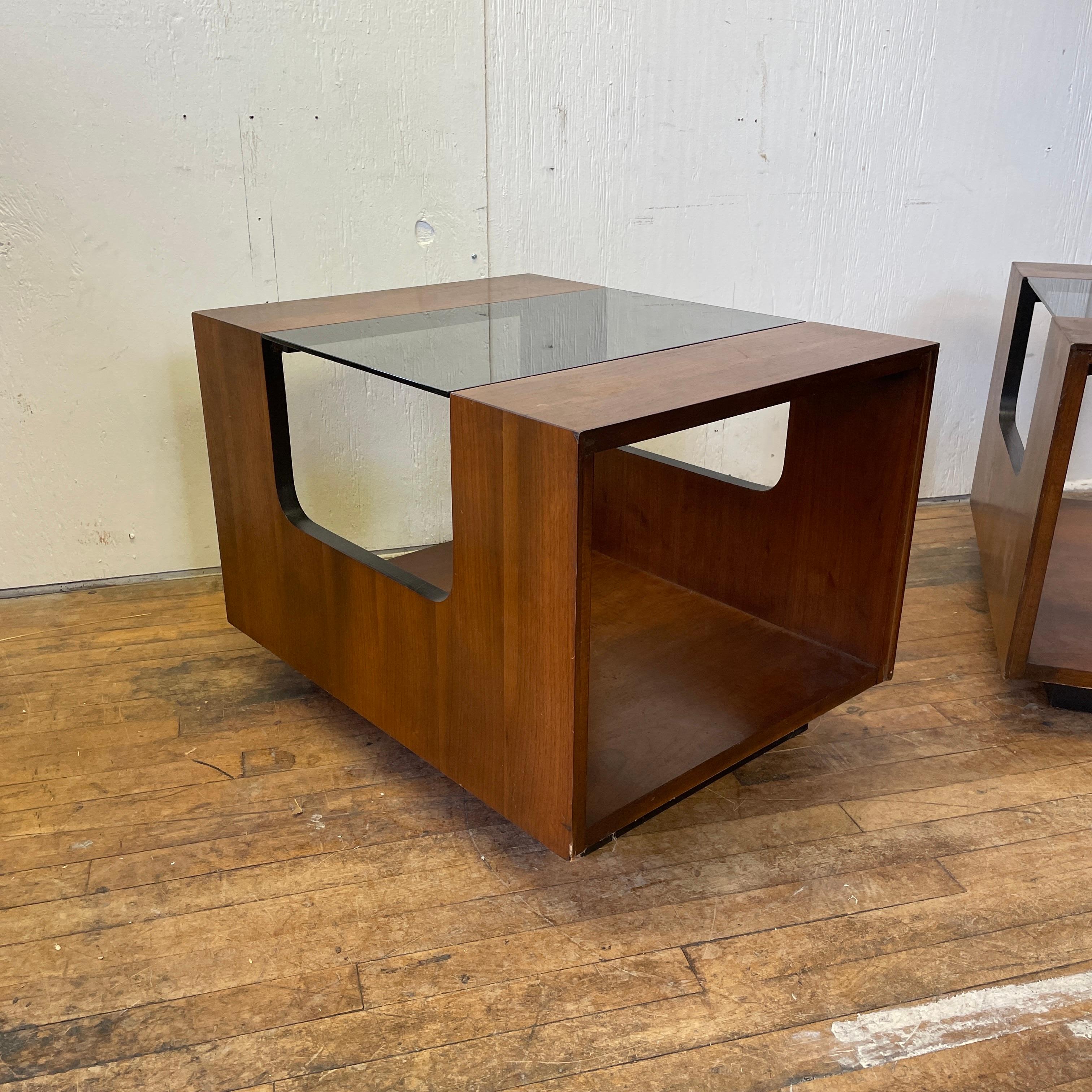 Smoked Glass Lane Altavista Mid-Century Modern Walnut and Glass End Tables, a Pair