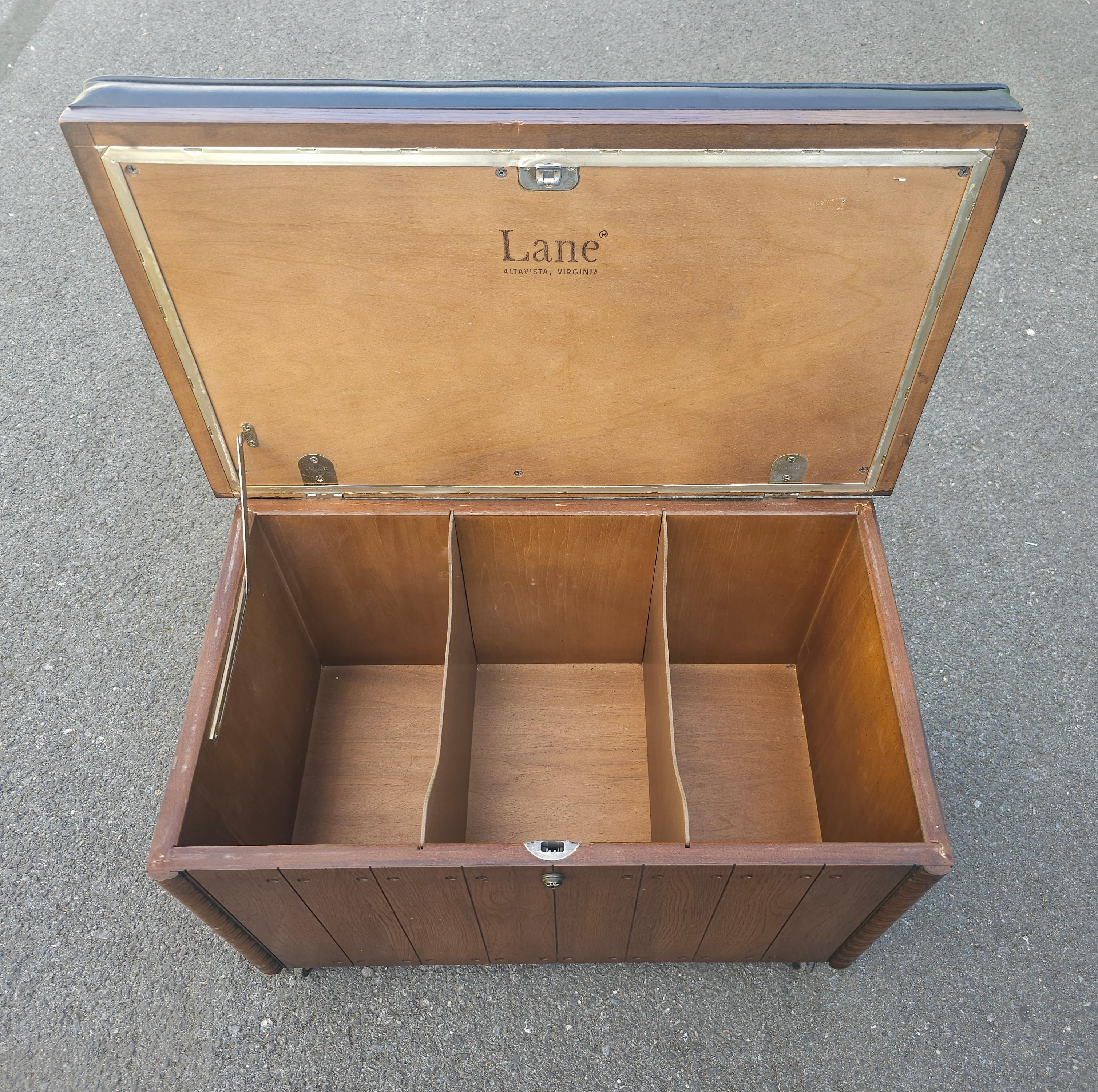 Lane Altavista Mid Century Rolling Records Cabinet, Storage Chest and Bench with padded seat. Measures 27.5