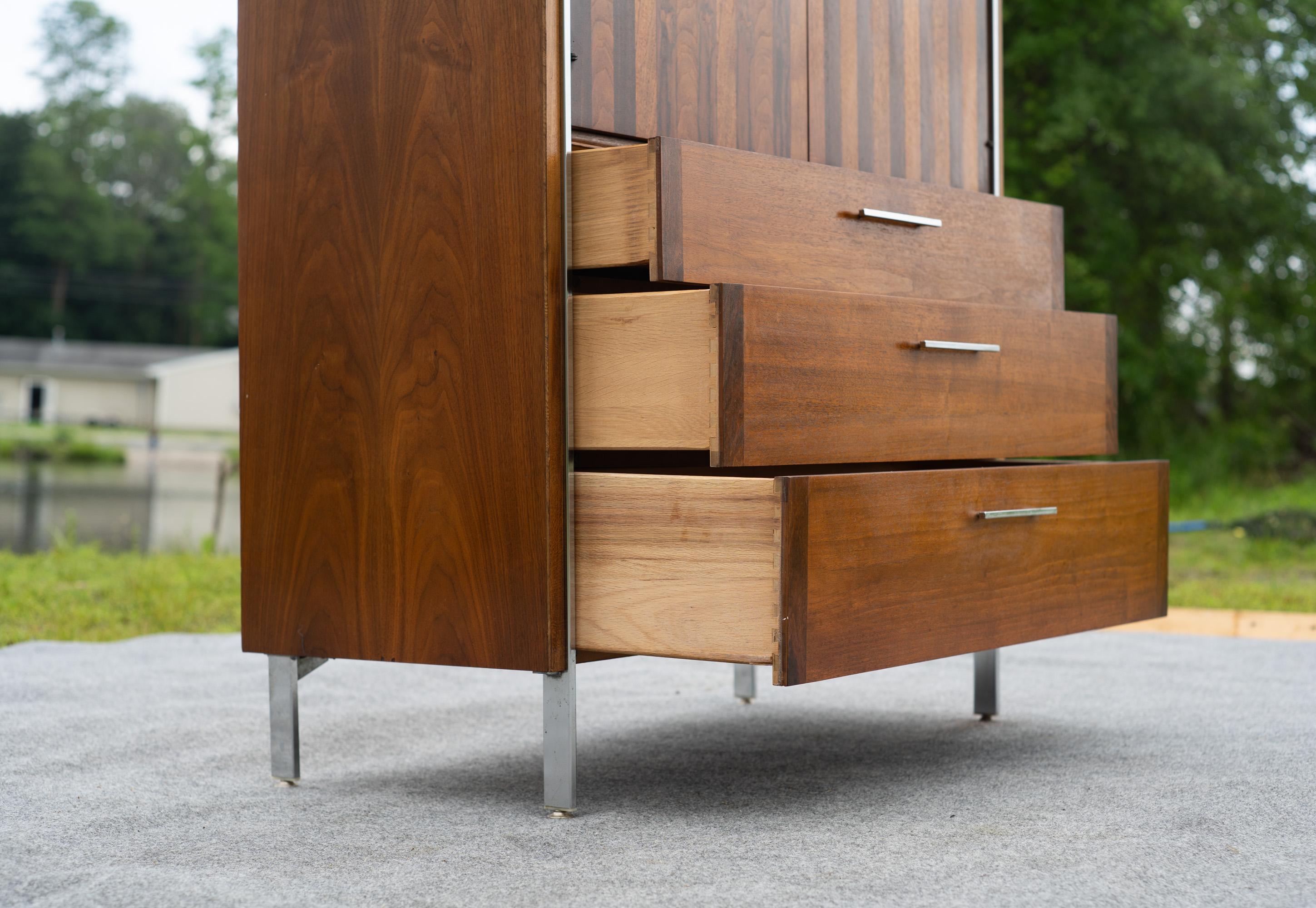 Lane Altavista Walnut & Rosewood 5 Drawer Tall Dresser or Armoire w/ Chrome Legs For Sale 2