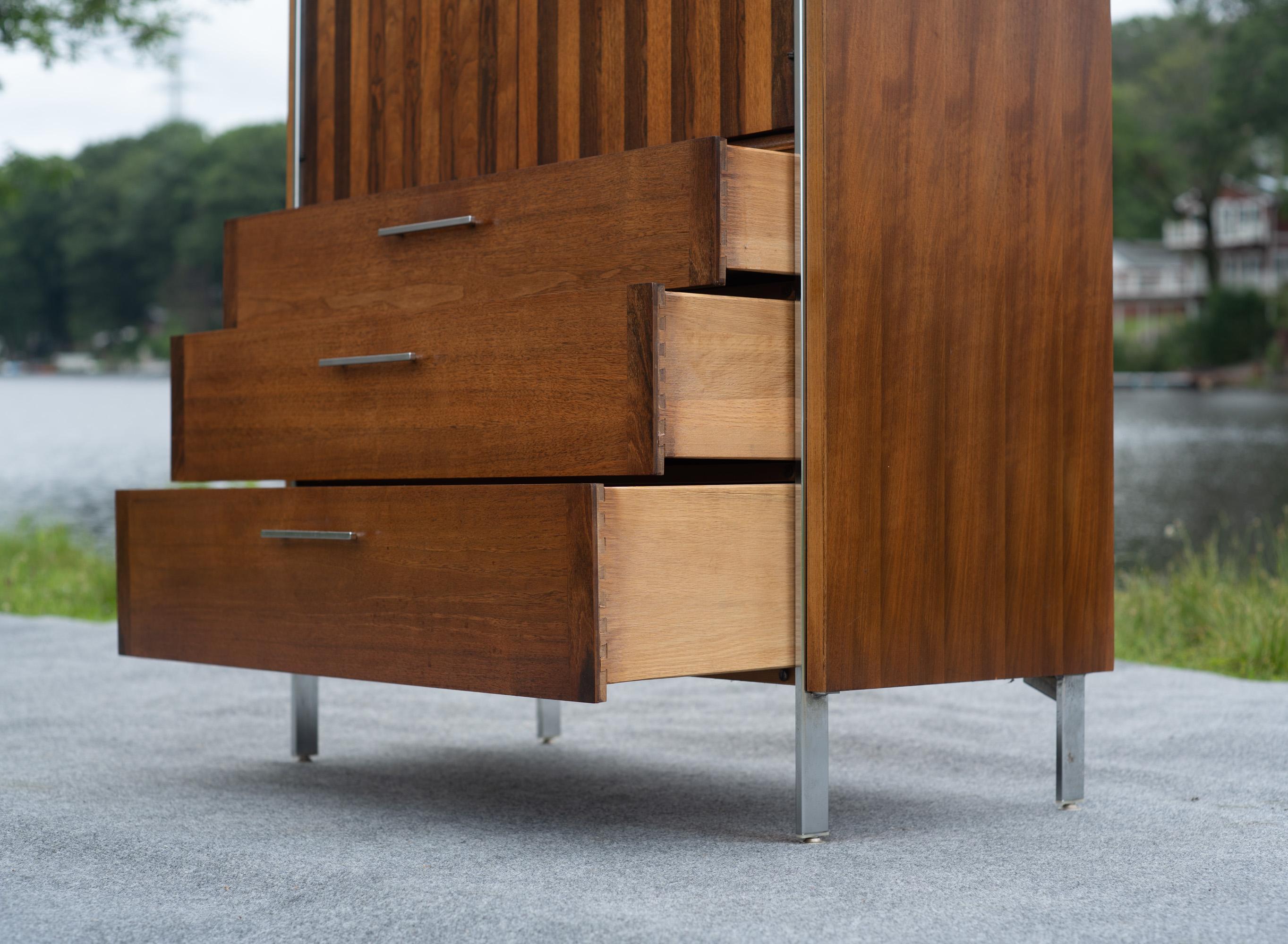 Lane Altavista Walnut & Rosewood 5 Drawer Tall Dresser or Armoire w/ Chrome Legs For Sale 3