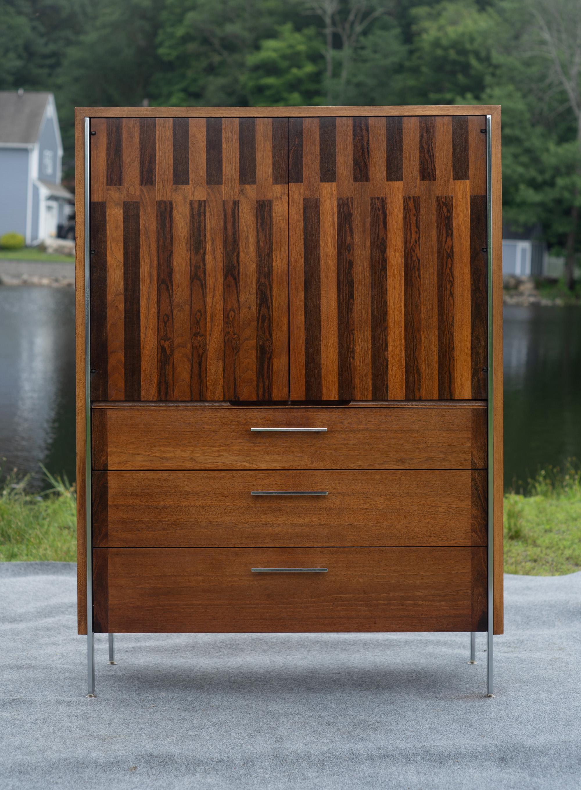 Designed and made in the United States, this set is reminiscent of Paul McCobb's work with Lane. While no direct attribution exists, we think it's not only possible, but likely, that McCobb worked on designing this set. With its angular design