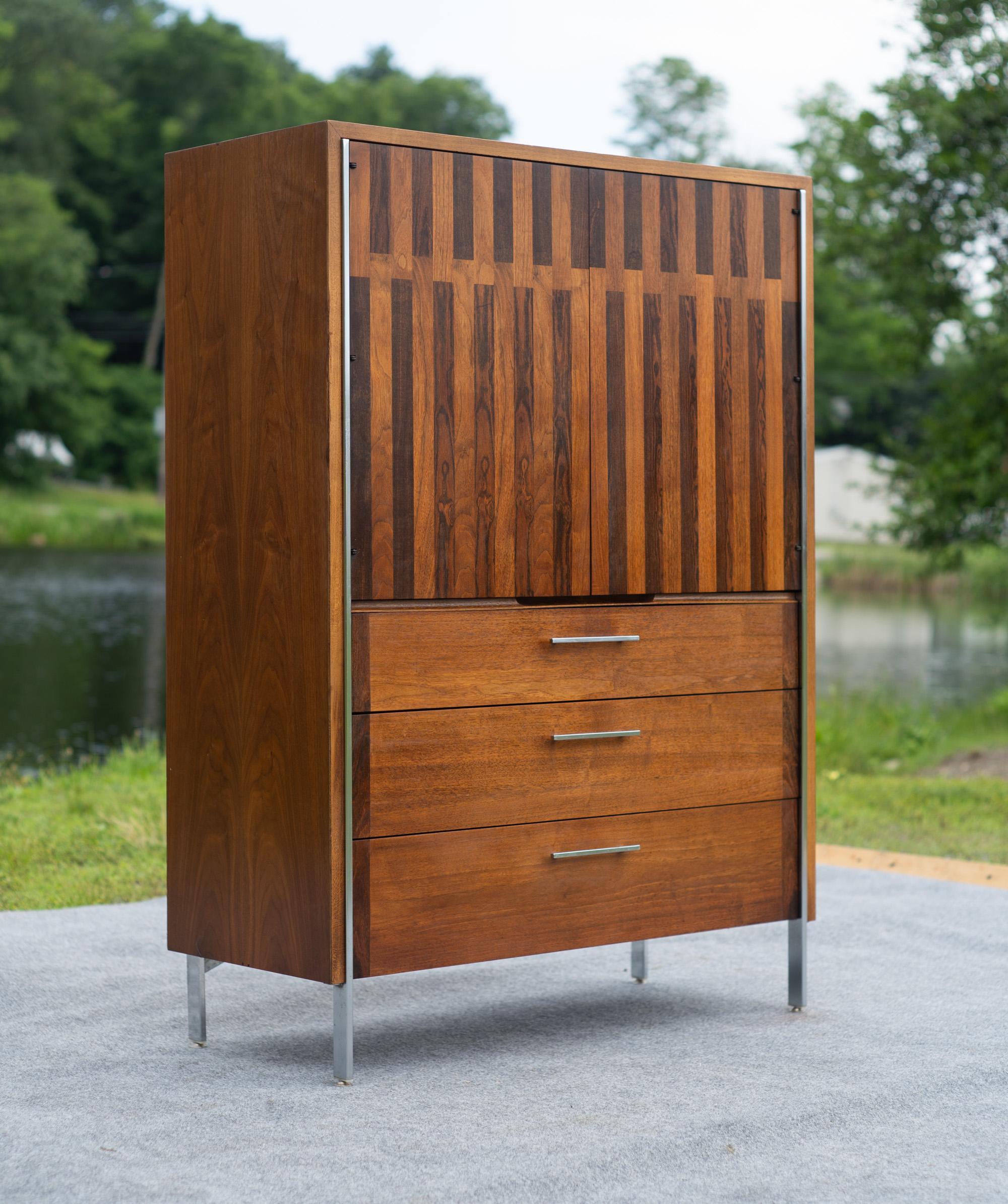 Mid-Century Modern Lane Altavista Walnut & Rosewood 5 Drawer Tall Dresser or Armoire w/ Chrome Legs For Sale
