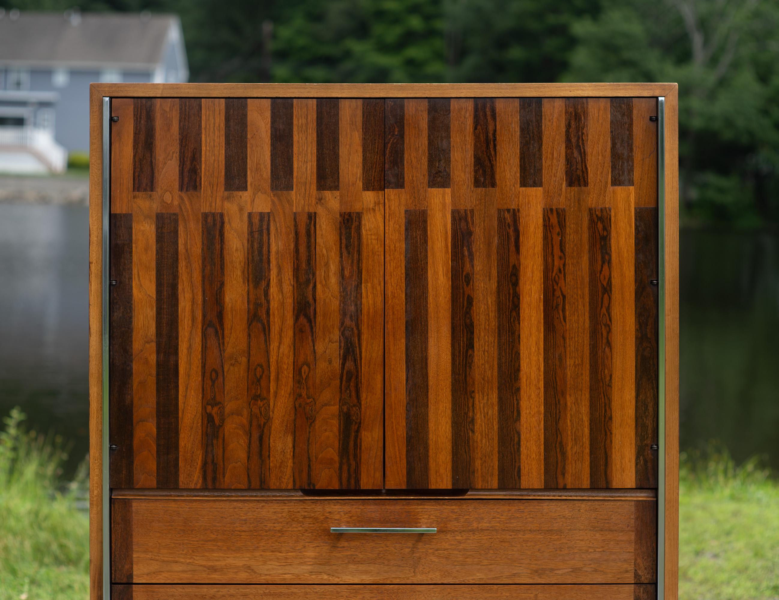 Mid-20th Century Lane Altavista Walnut & Rosewood 5 Drawer Tall Dresser or Armoire w/ Chrome Legs For Sale