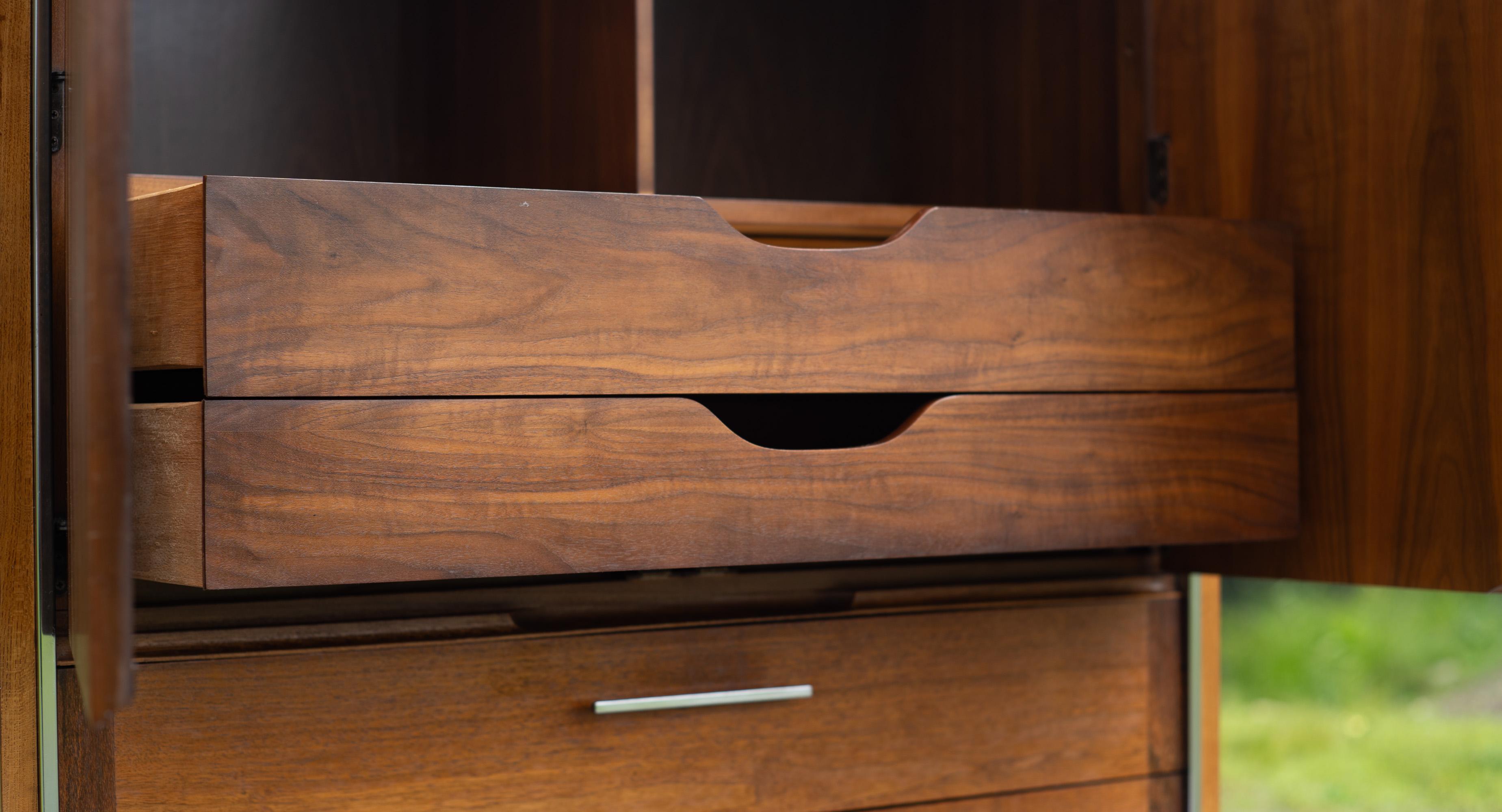 Steel Lane Altavista Walnut & Rosewood 5 Drawer Tall Dresser or Armoire w/ Chrome Legs For Sale
