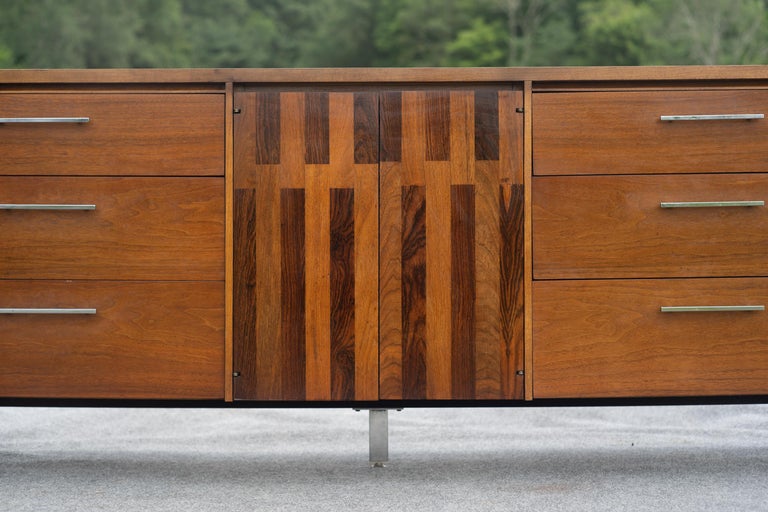 Lane Altavista Walnut and Rosewood 9 Drawer Long Dresser or Cabinet w/  Chrome Legs For Sale at 1stDibs
