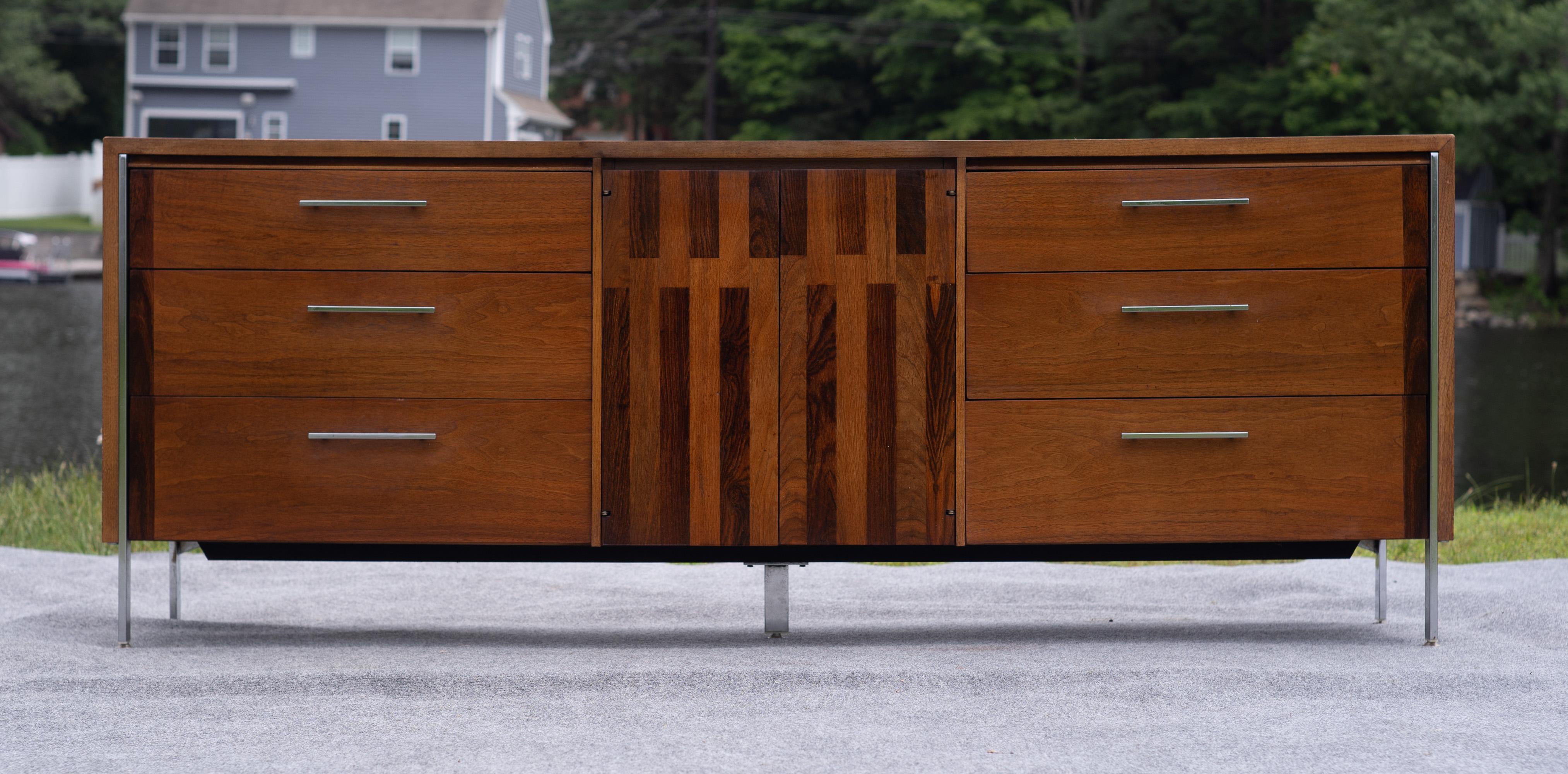 Designed and made in the United States, this set is reminiscent of Paul McCobb's work with Lane. While no direct attribution exists, we think it's not only possible, but likely, that McCobb worked on designing this set. With its angular design
