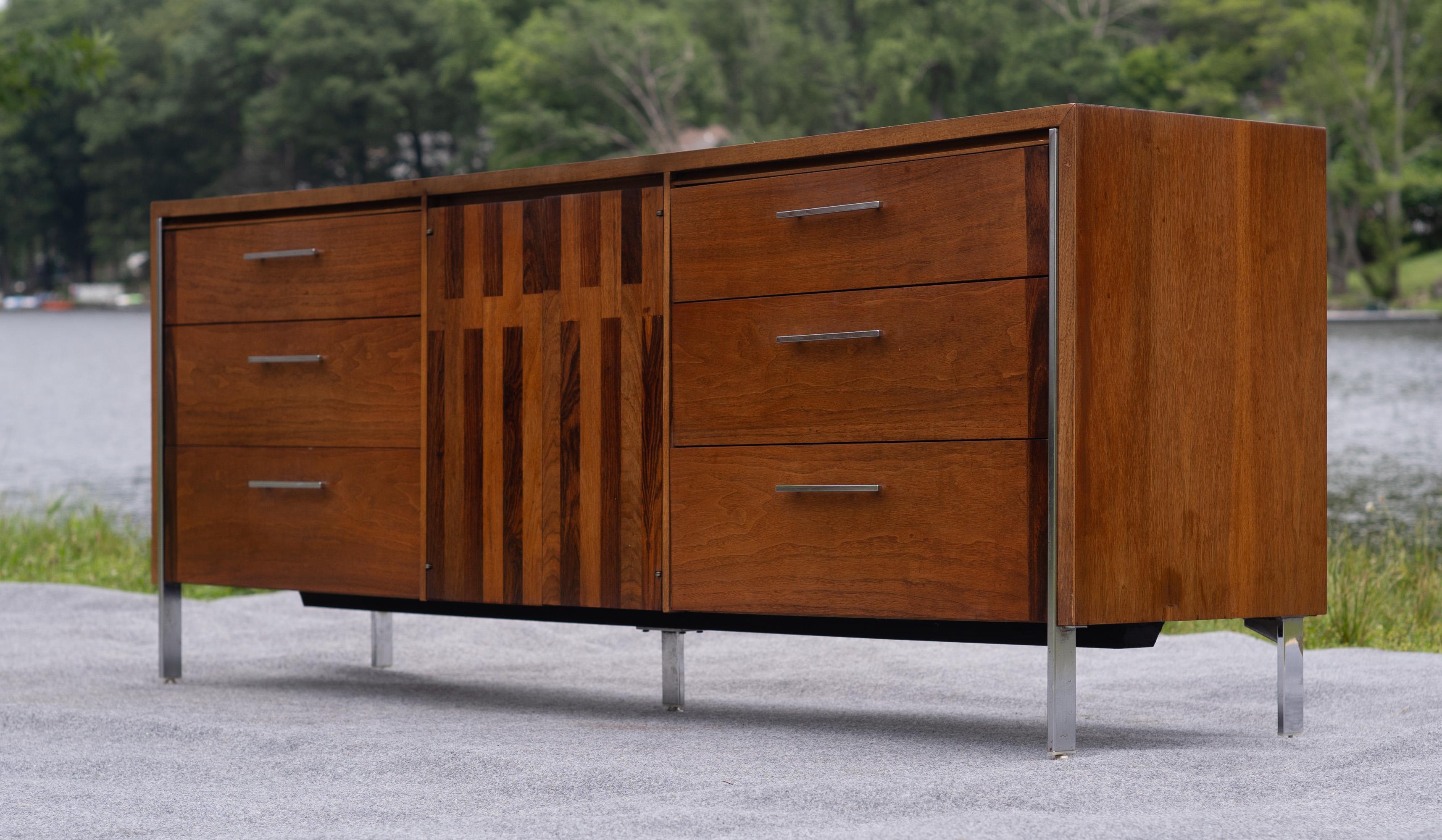 Mid-Century Modern Lane Altavista Walnut & Rosewood 9 Drawer Long Dresser or Cabinet w/ Chrome Legs For Sale