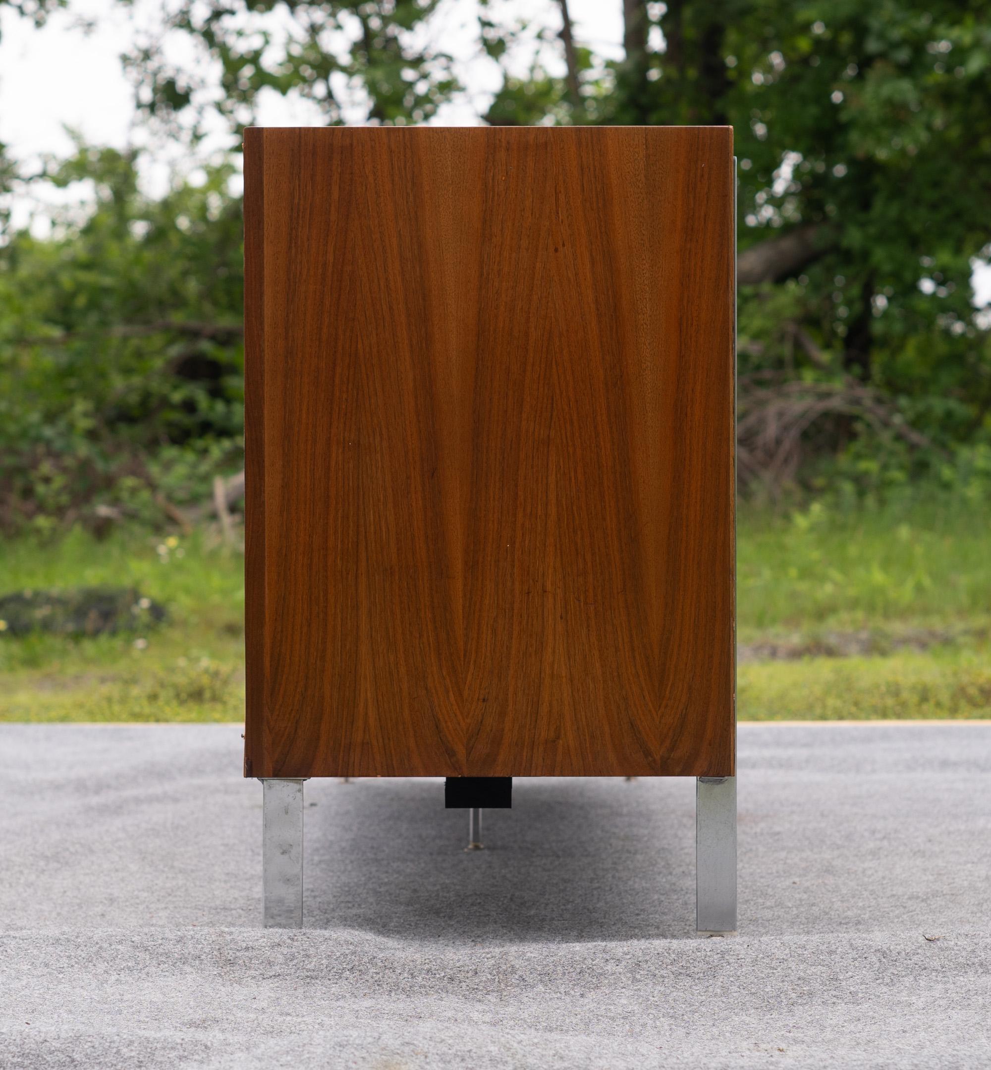 Plated Lane Altavista Walnut & Rosewood 9 Drawer Long Dresser or Cabinet w/ Chrome Legs For Sale