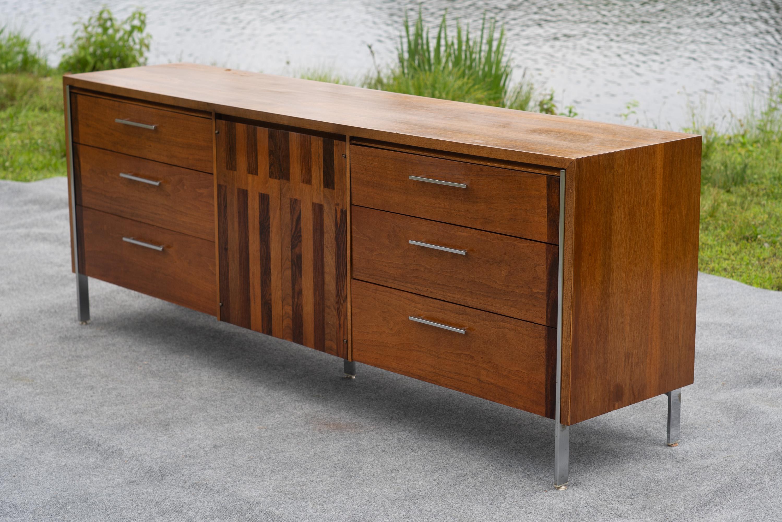 Mid-20th Century Lane Altavista Walnut & Rosewood 9 Drawer Long Dresser or Cabinet w/ Chrome Legs For Sale