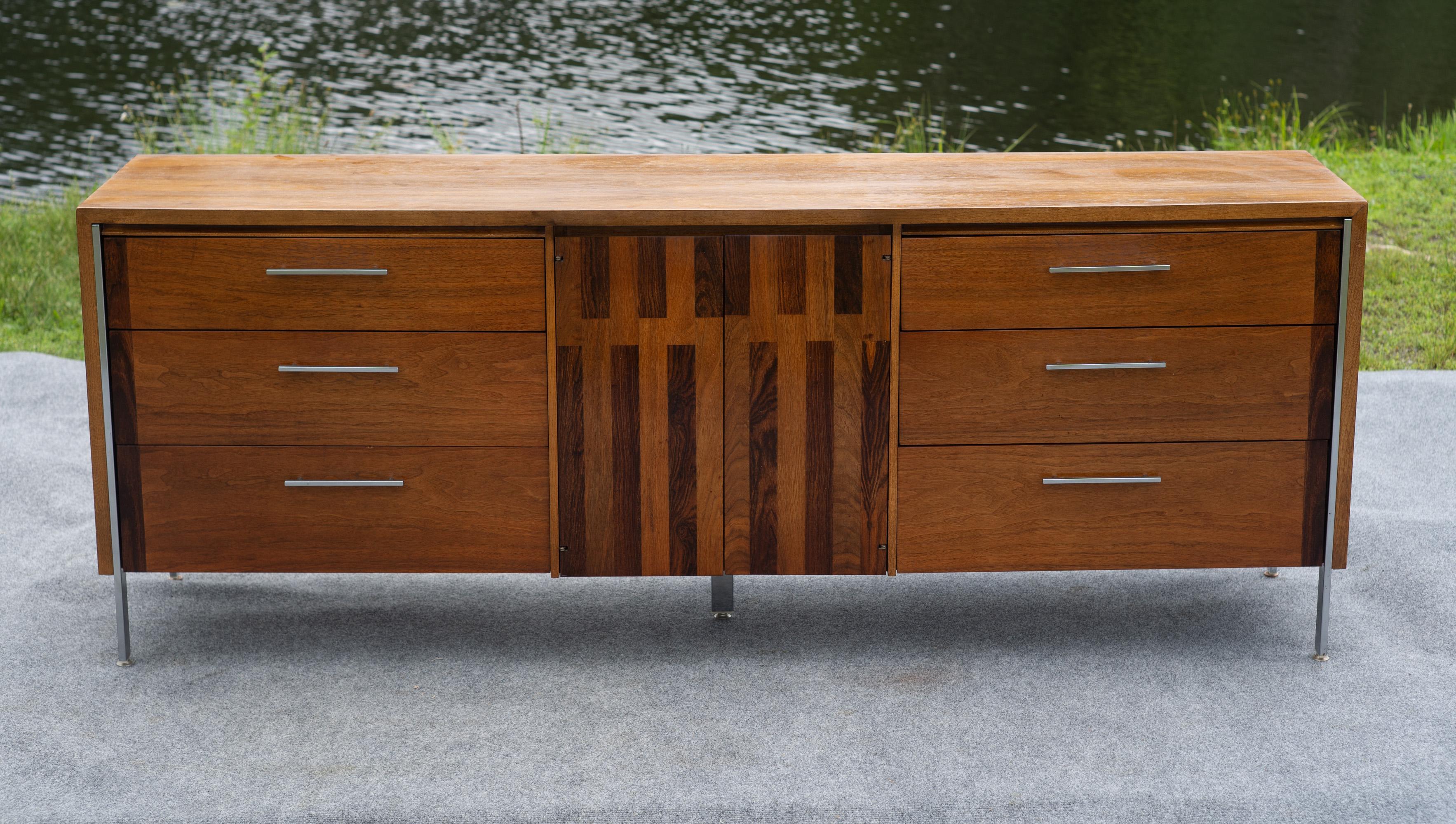 Steel Lane Altavista Walnut & Rosewood 9 Drawer Long Dresser or Cabinet w/ Chrome Legs For Sale