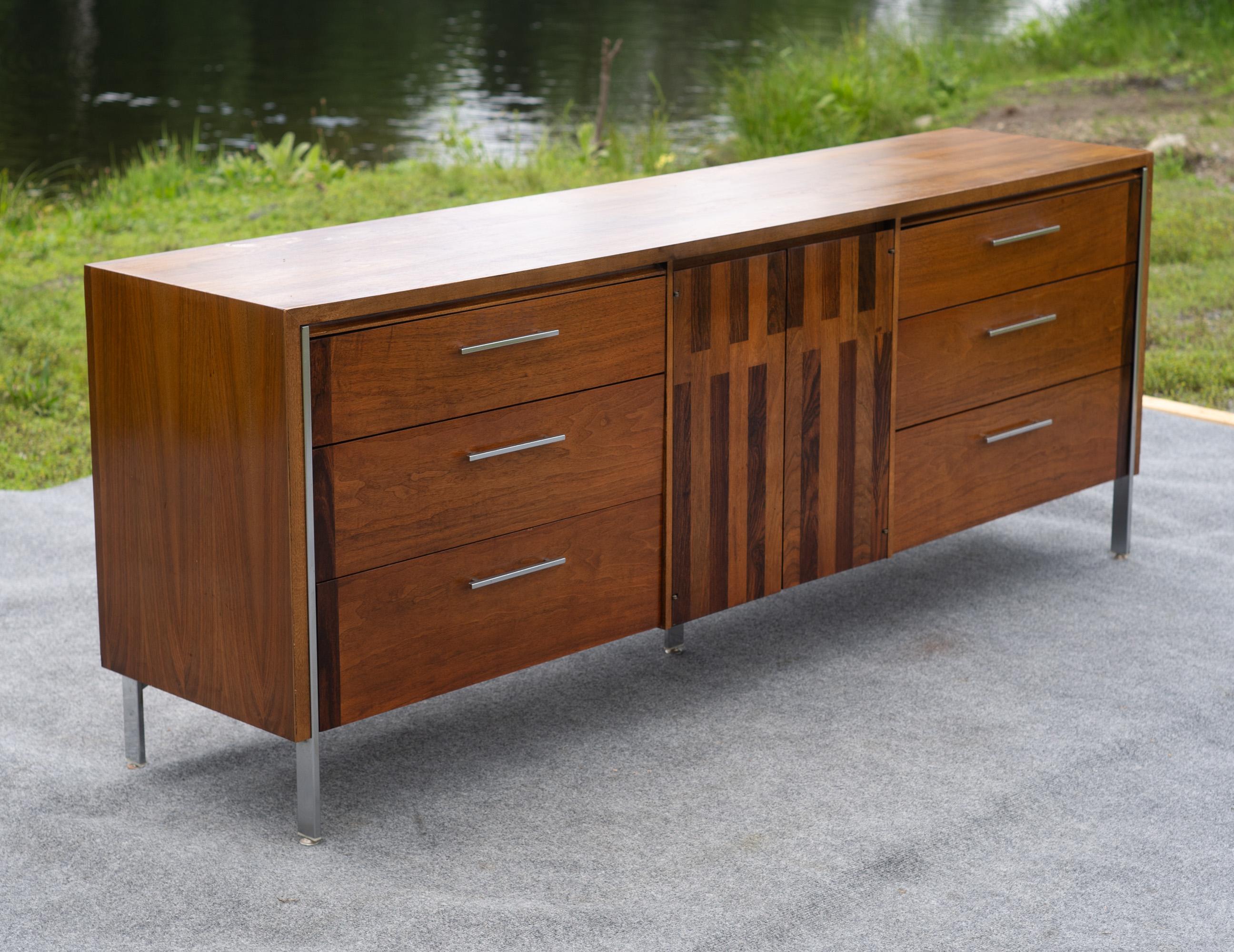 Lane Altavista Walnut & Rosewood 9 Drawer Long Dresser or Cabinet w/ Chrome Legs For Sale 1