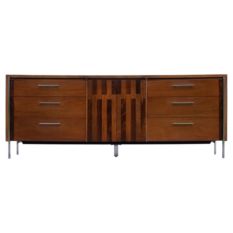 Lane Altavista Walnut & Rosewood 9 Drawer Long Dresser or Cabinet w/ Chrome  Legs