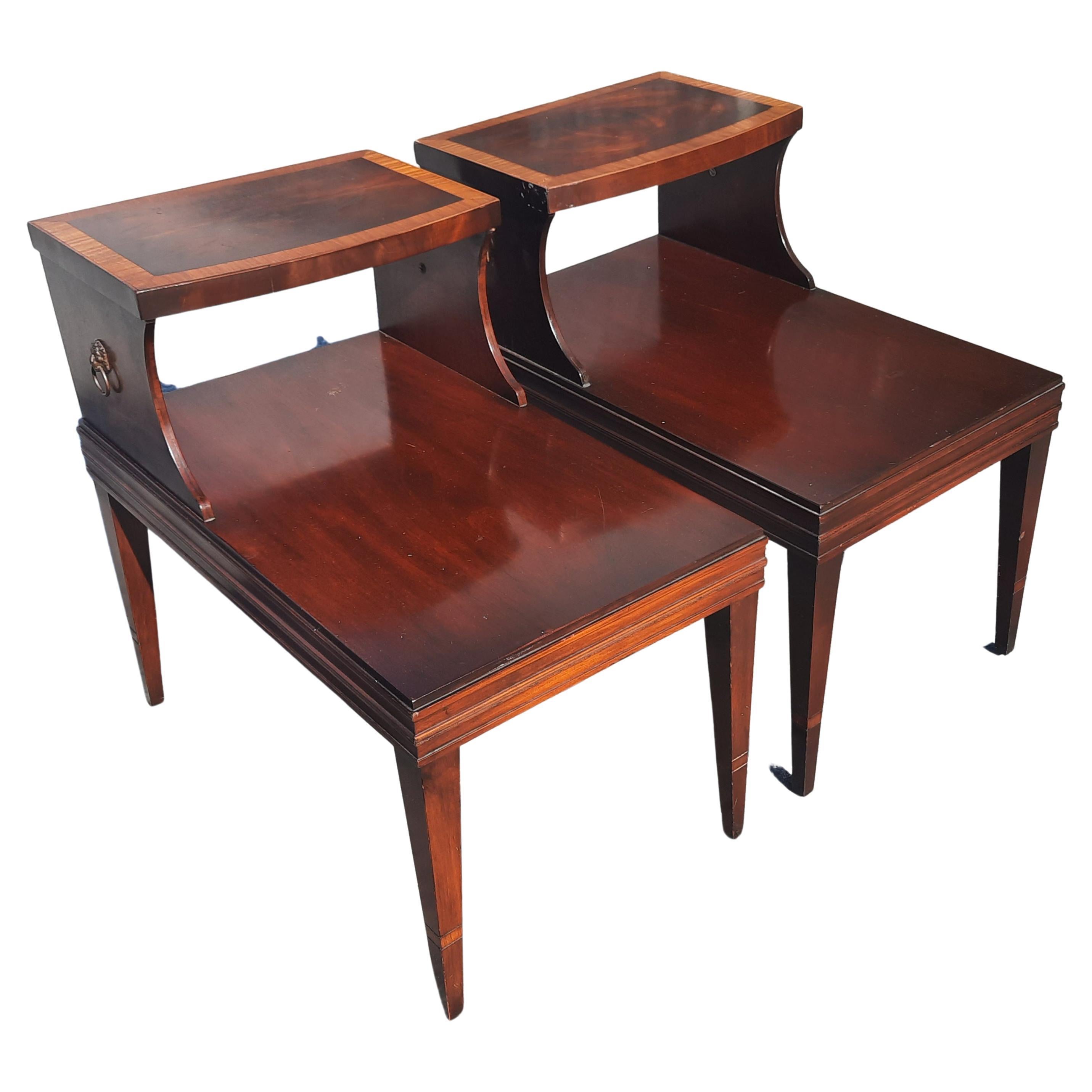 20th Century Lane Antique 2 Tier Step-Up Flame Mahogany Satinwood Banded Top Side Tables