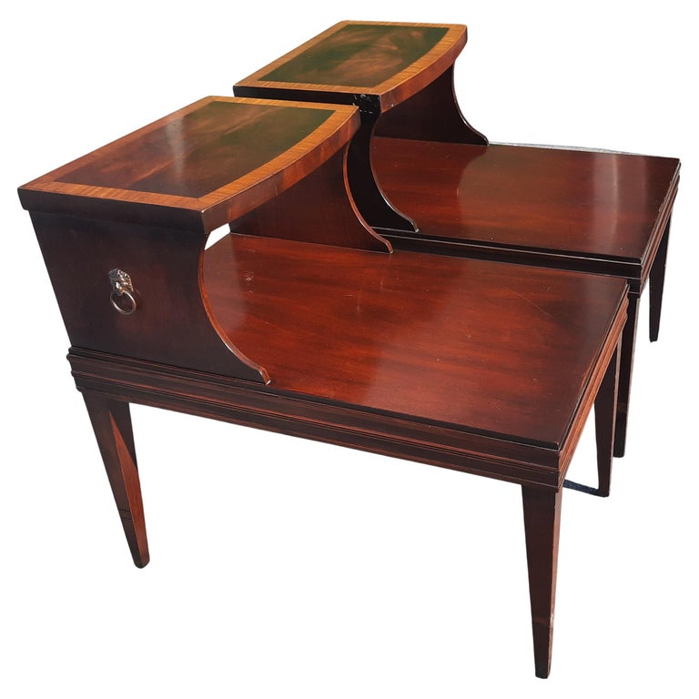 Lane Antique 2 Tier Step-Up Flame Mahogany Satinwood Banded Top Side Tables  For Sale at 1stDibs | antique 2 tier side table, mahogany association inc  table