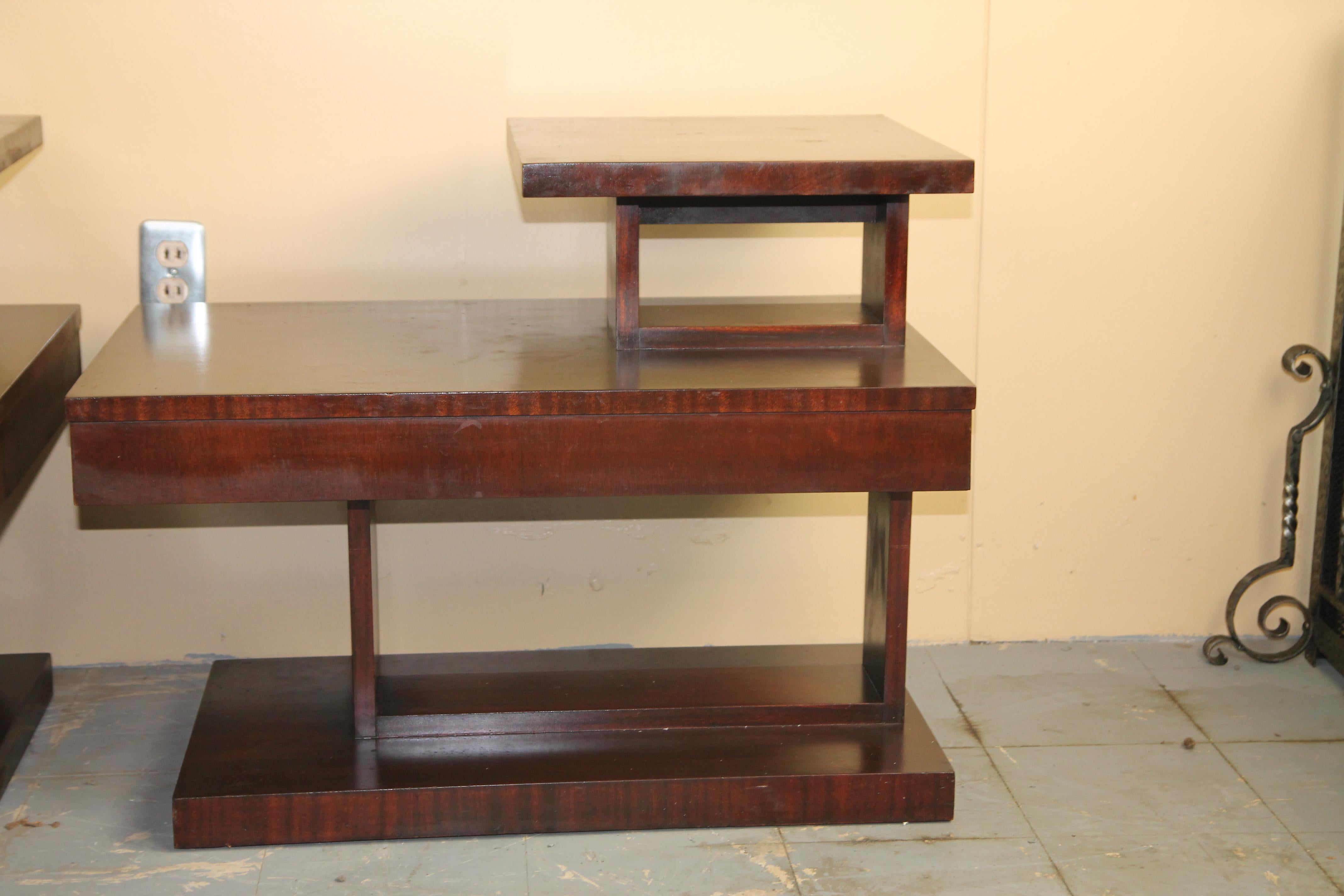 Great cubist style mahogany side tables with draw and brass pull. Marked Lane, Altavista, VA inside draw.