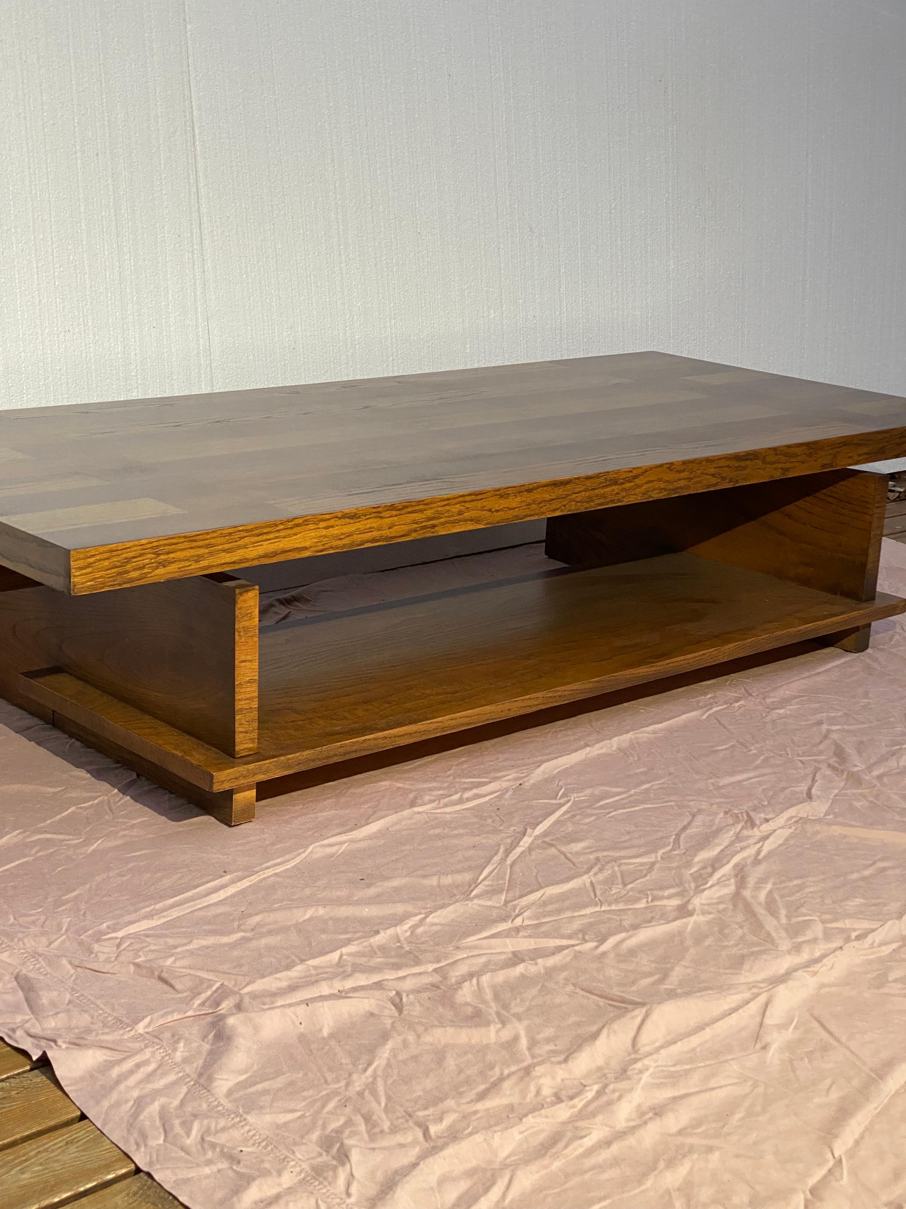 Lane Brutalist Coffee Table
Pressed and solid wood with Oak Parquet Veneer.
Shelf underneath.

