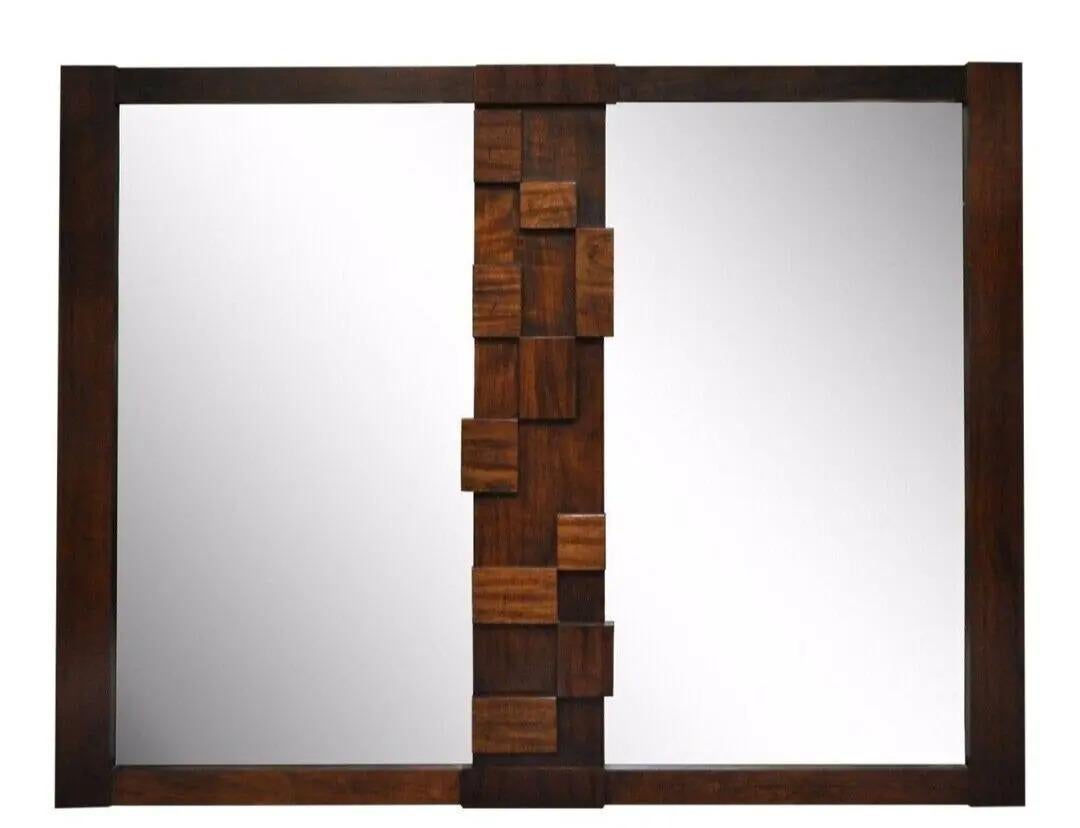 Lane Brutalist Cubist Vintage Mid Century Modern Walnut Rectangular Mirror For Sale 5