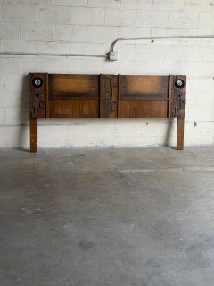 Lane Brutalist King Headboard Wood Bed Frame with Integrated Lights 1960s