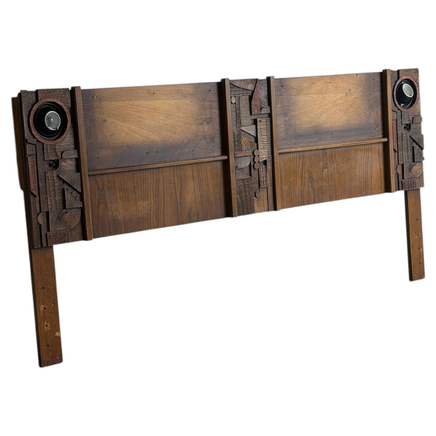 Lane Brutalist King Headboard Wood Bed Frame with Integrated Lights 1960s For Sale