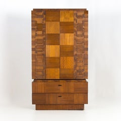 Lane Brutalist MCM 2 Piece Walnut Gentlemans Chest Highboy Dresser Armoire