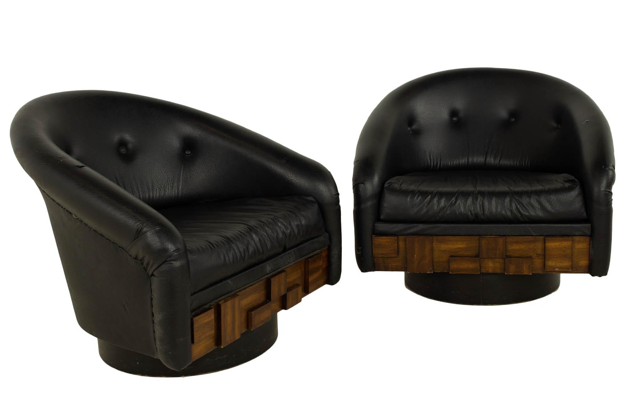 American Lane Brutalist MCM Walnut Swivel Barrel Back Lounge Chairs, Pair