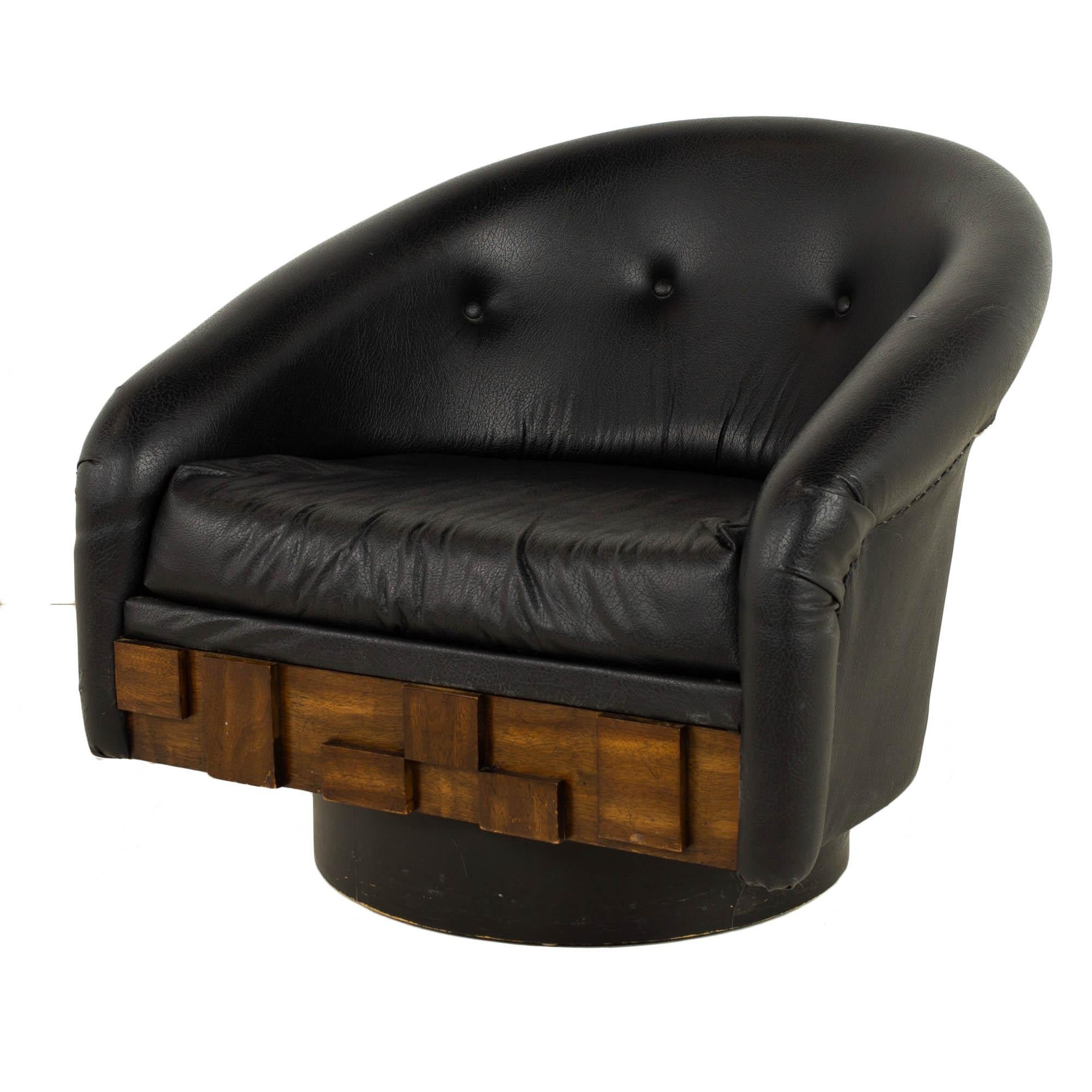 Upholstery Lane Brutalist MCM Walnut Swivel Barrel Back Lounge Chairs, Pair