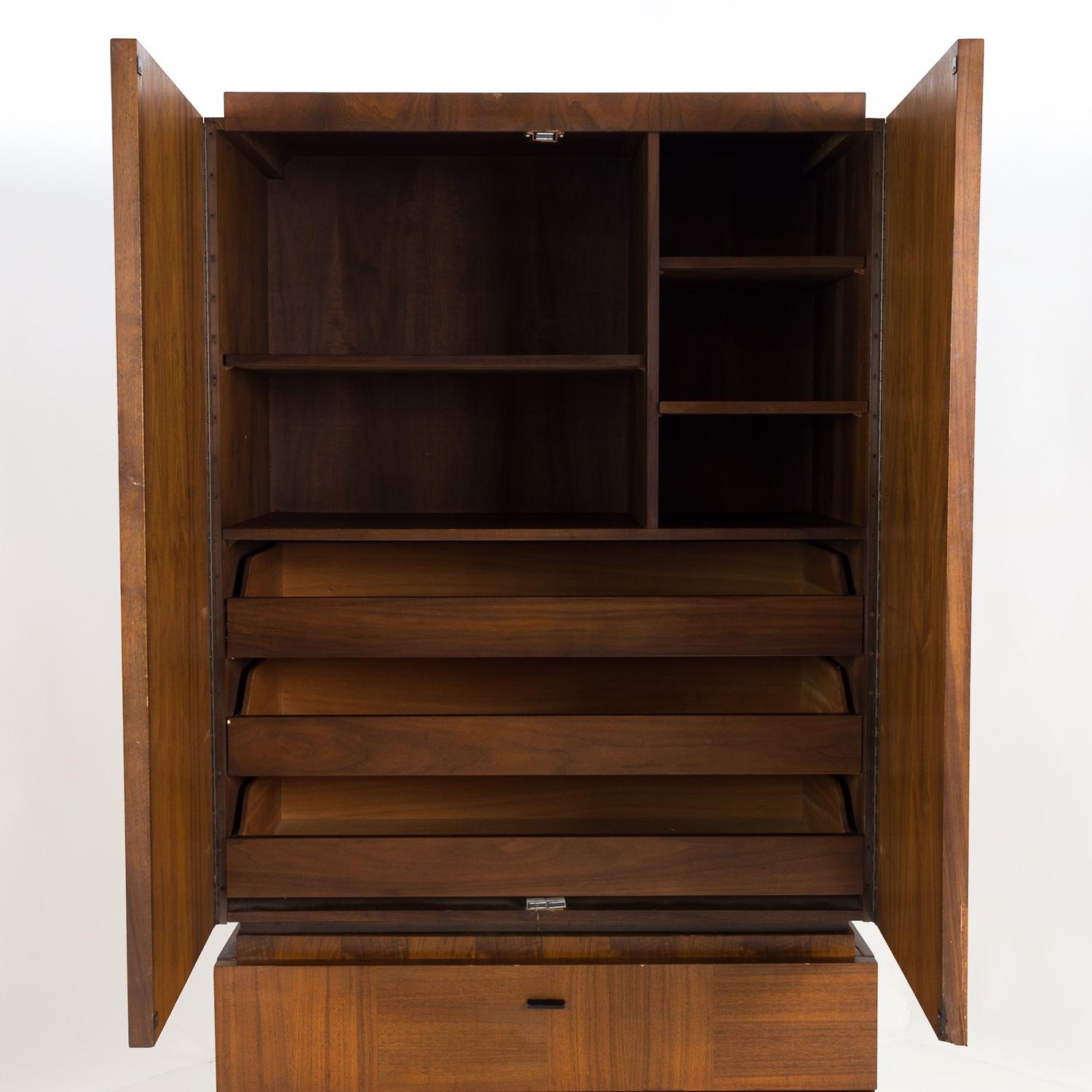 Lane Brutalist MC< 2 Piece Walnut Gentlemans Chest Highboy Dresser Armoire 1