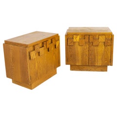 Lane Brutalist Mid Century Oak Nightstands, a Pair