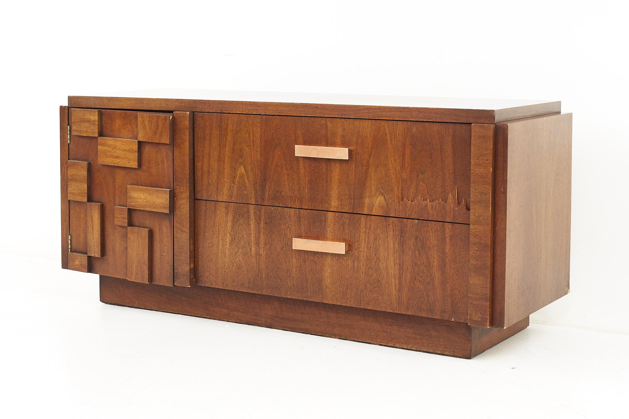 Lane Brutalist Mid Century Offset Walnut Buffet and Hutch 2