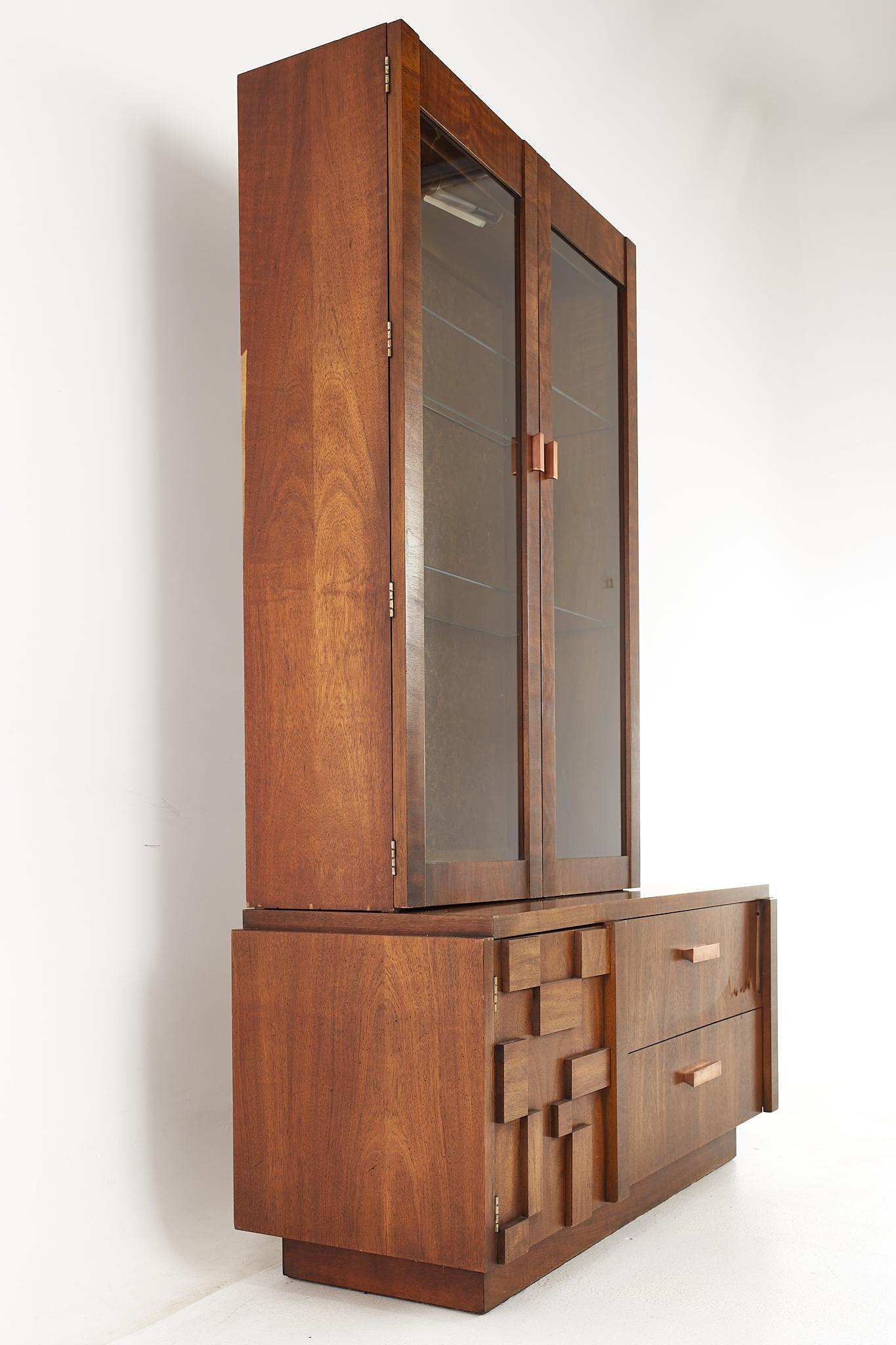 Mid-Century Modern Lane Brutalist Mid Century Offset Walnut Buffet and Hutch