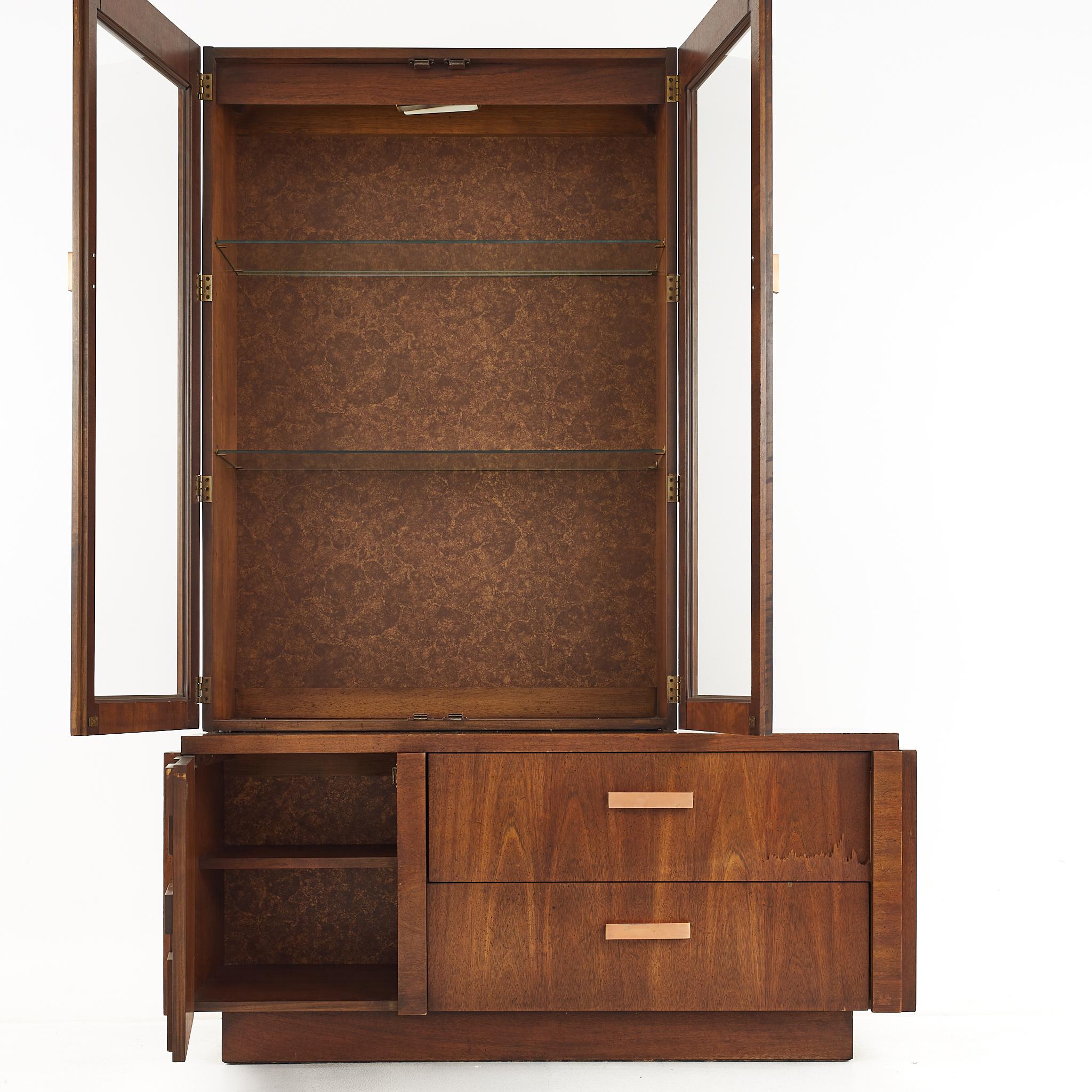 American Lane Brutalist Mid Century Offset Walnut Buffet and Hutch