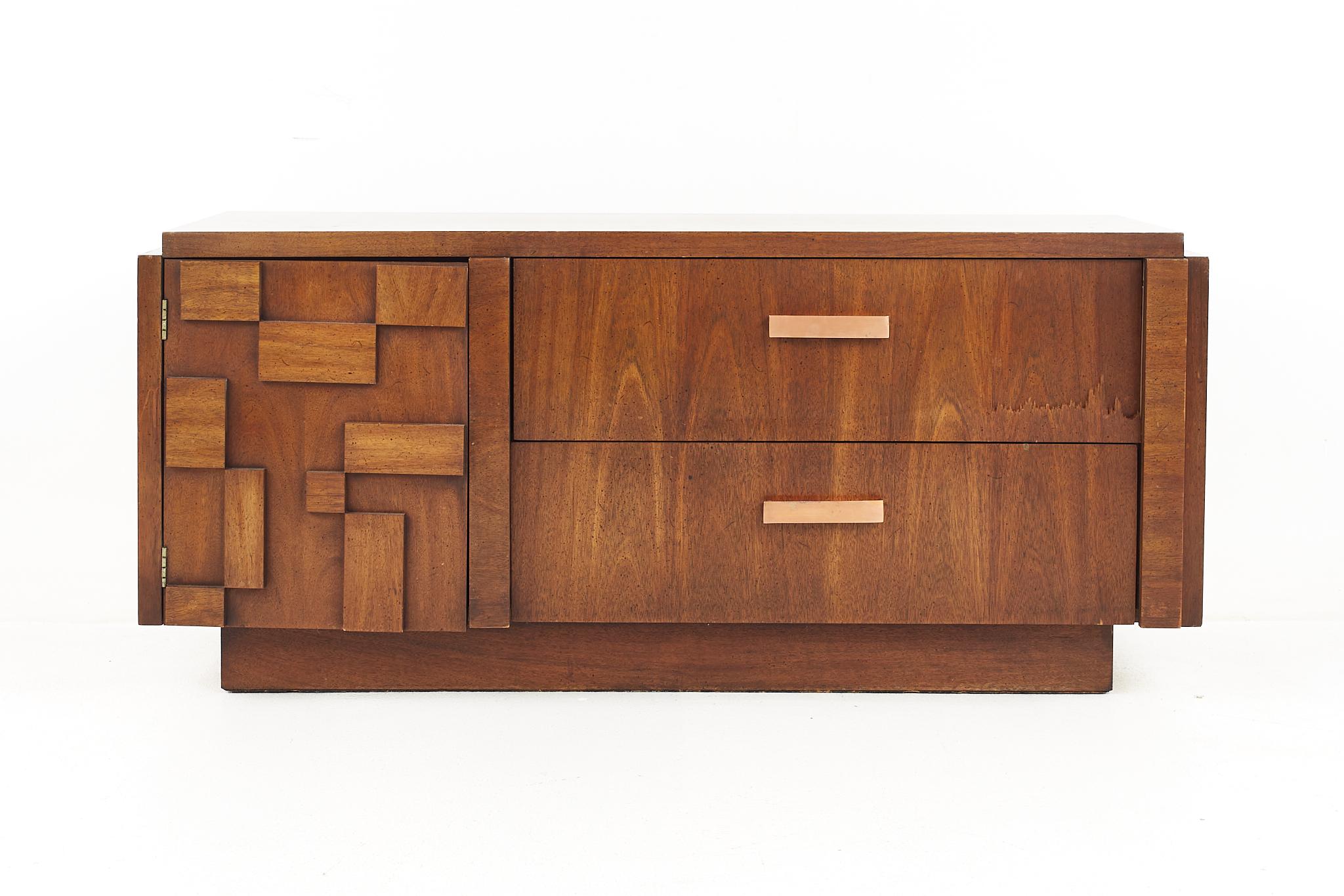 Lane Brutalist Mid Century Offset Walnut Buffet and Hutch 1