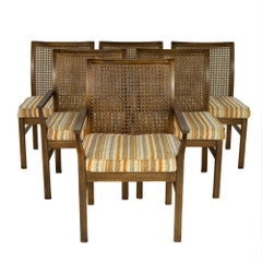 Lane Brutalist Mid Century Walnut & Cane Back Dining Chairs, Set of 6