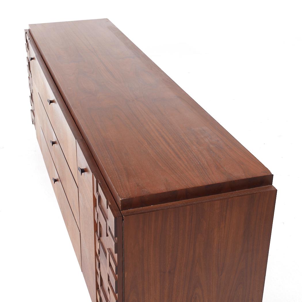 Late 20th Century Lane Brutalist Mid Century Walnut Lowboy Dresser For Sale