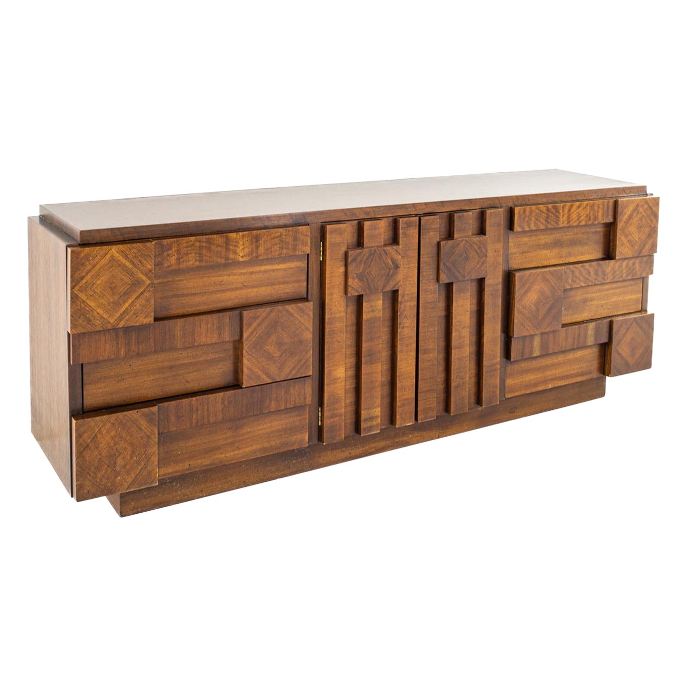 Lane Brutalist Mid Century Walnut Lowboy Dresser