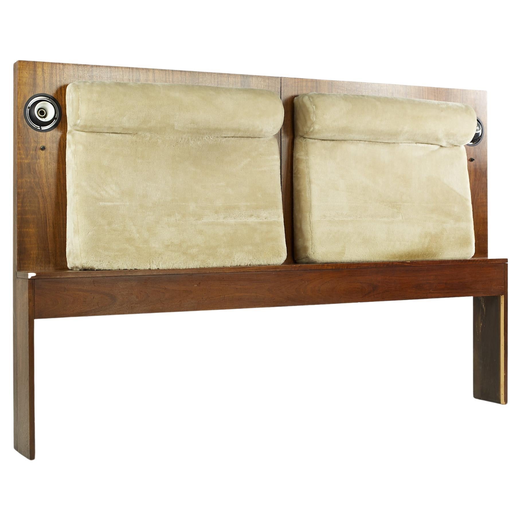 Lane Brutalist Mid Century Walnut Upholstered King Headboard with Lights For Sale