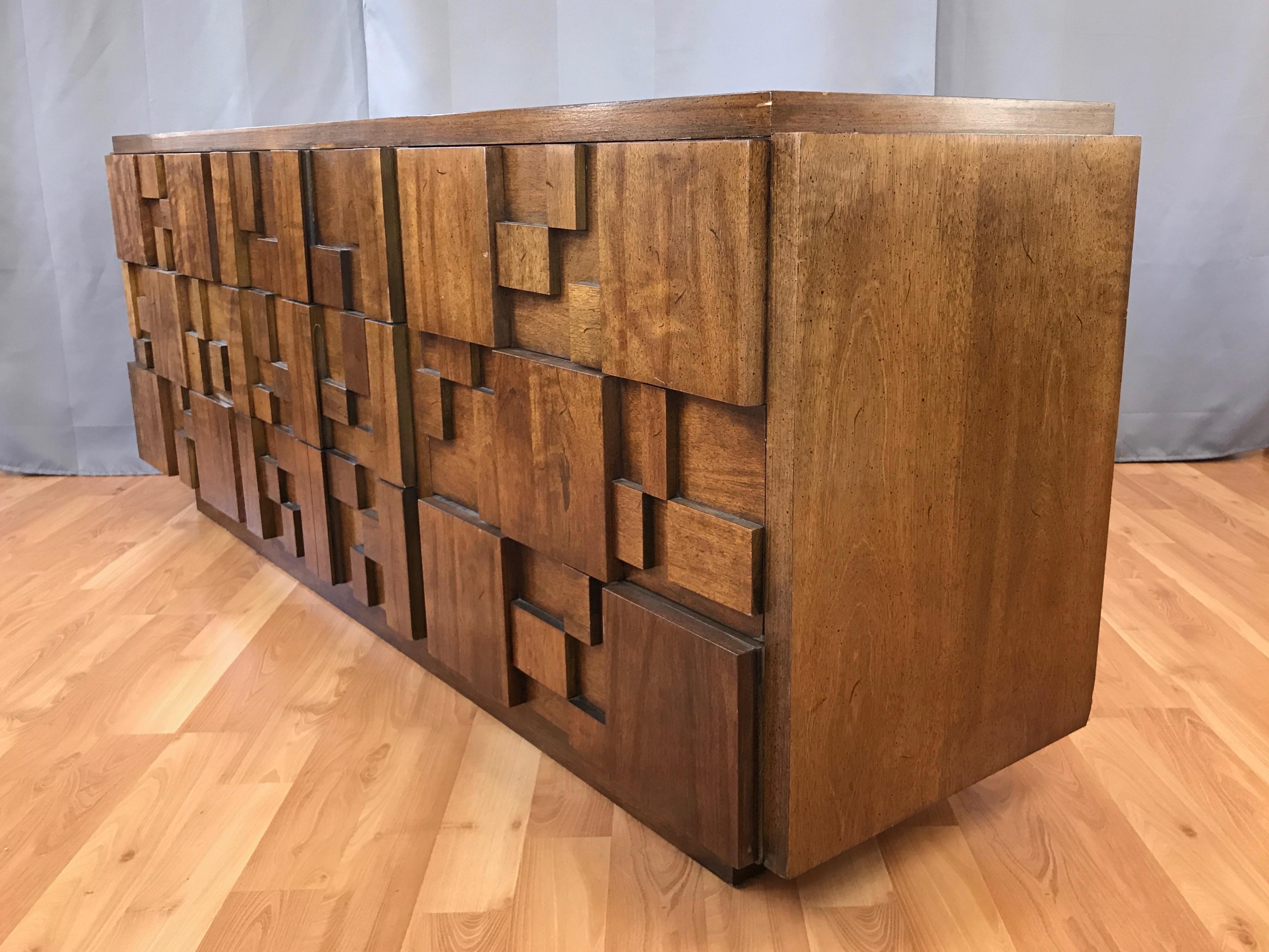 American Lane Brutalist Mosaic Walnut Nine-Drawer Dresser