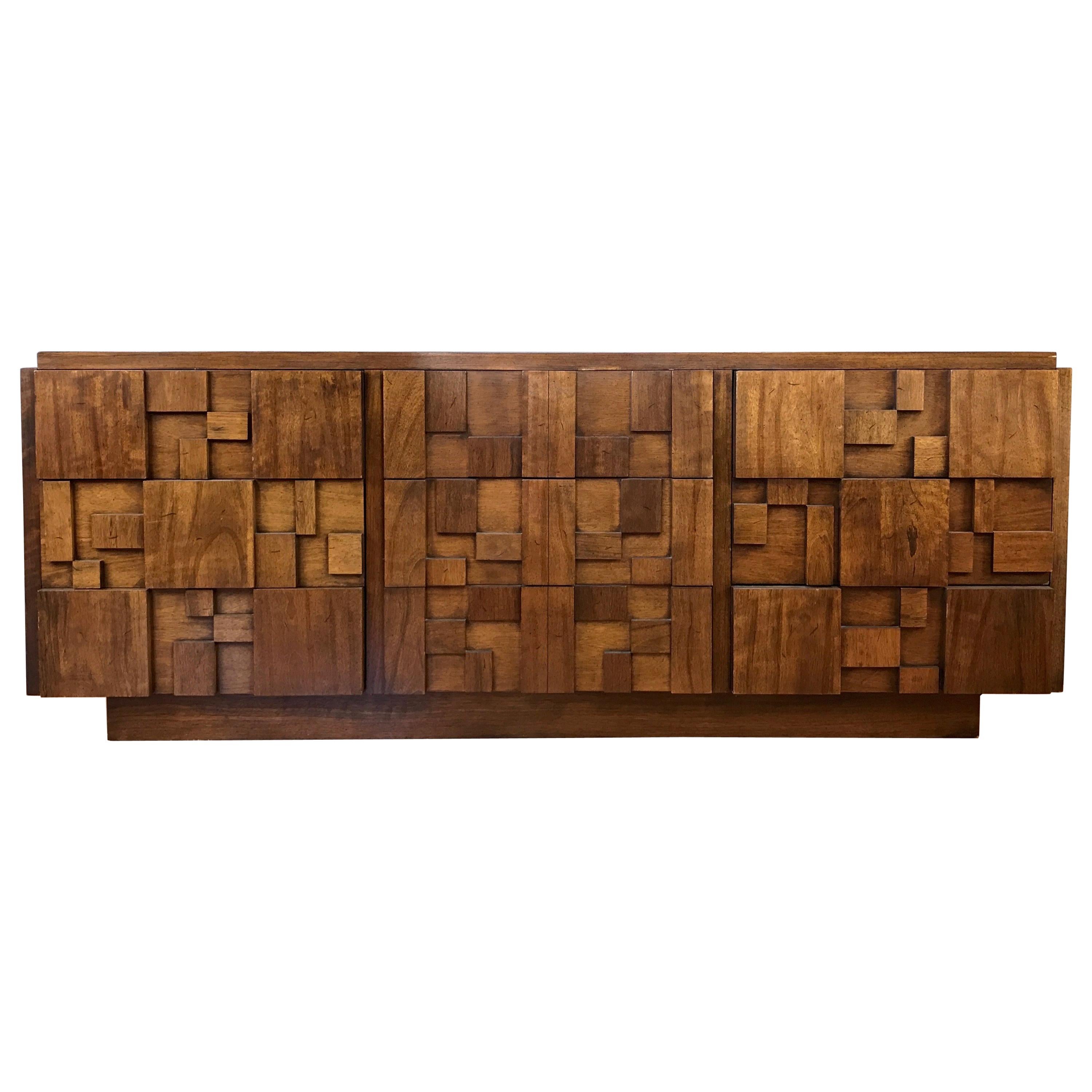 Lane Brutalist Mosaic Walnut Nine-Drawer Dresser