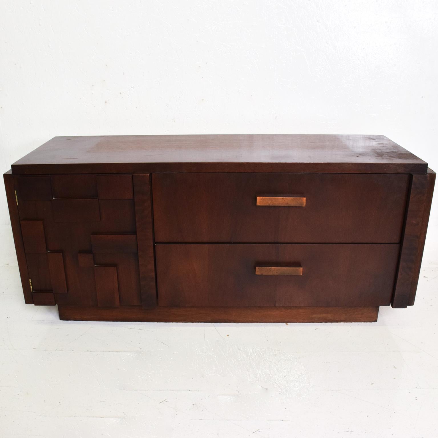 For your consideration, a lane brutalist short credenza Mid-Century Modern. Made in the USA, circa 1960s. Walnut wood. All drawers are open and close with Ease. Dimensions: 54