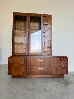 Lane Brutalist Staccato Hutch c.1970's, Credenza and Hutch Top Display Cabinet