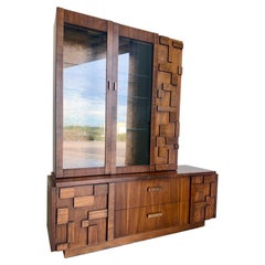 Lane Brutalist Staccato Hutch c.1970's, Credenza and Hutch Top Display Cabinet