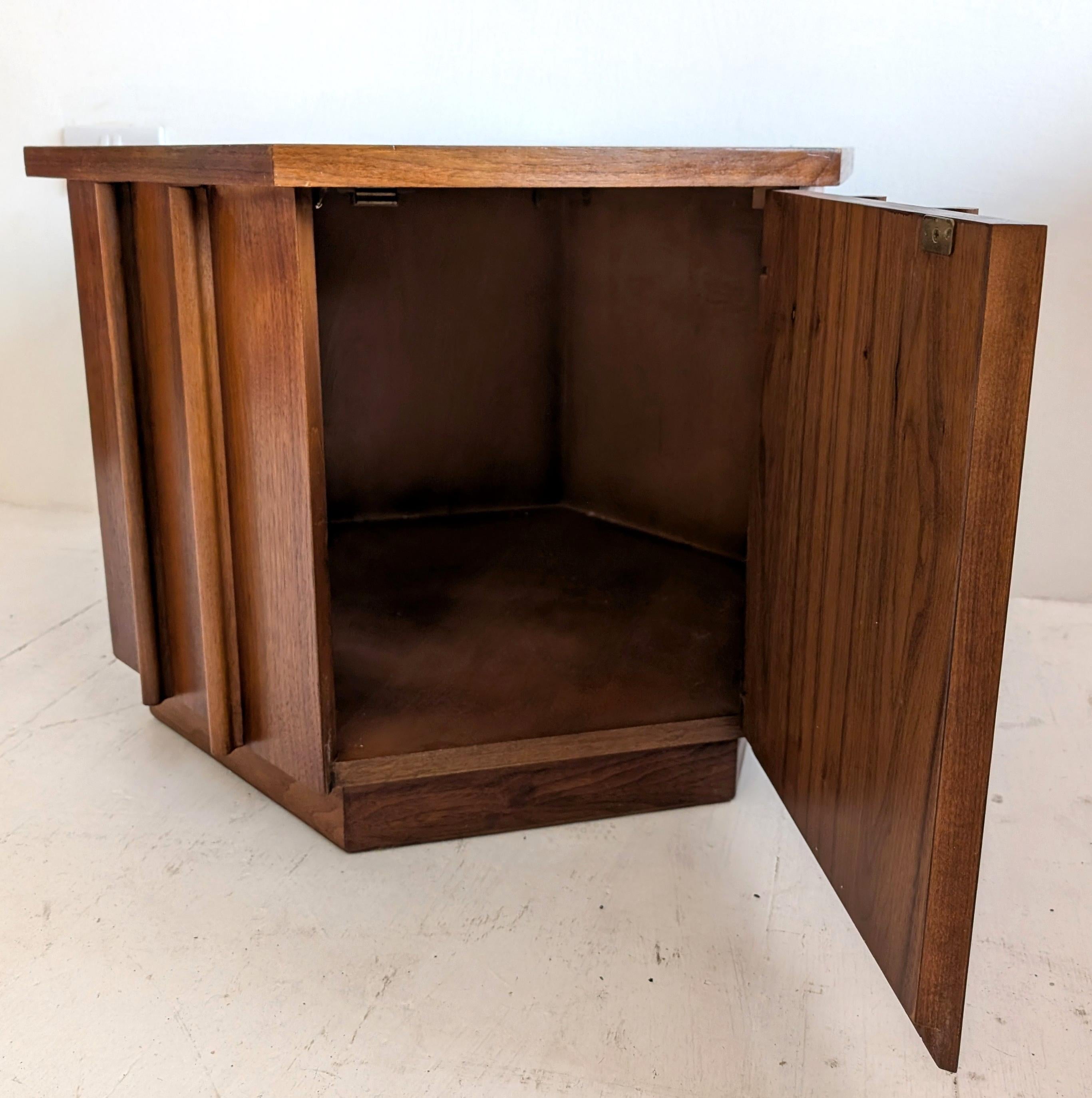 Brutalist Lane brutalist walnut hexagonal end table/cabinet with storage, midcentury For Sale
