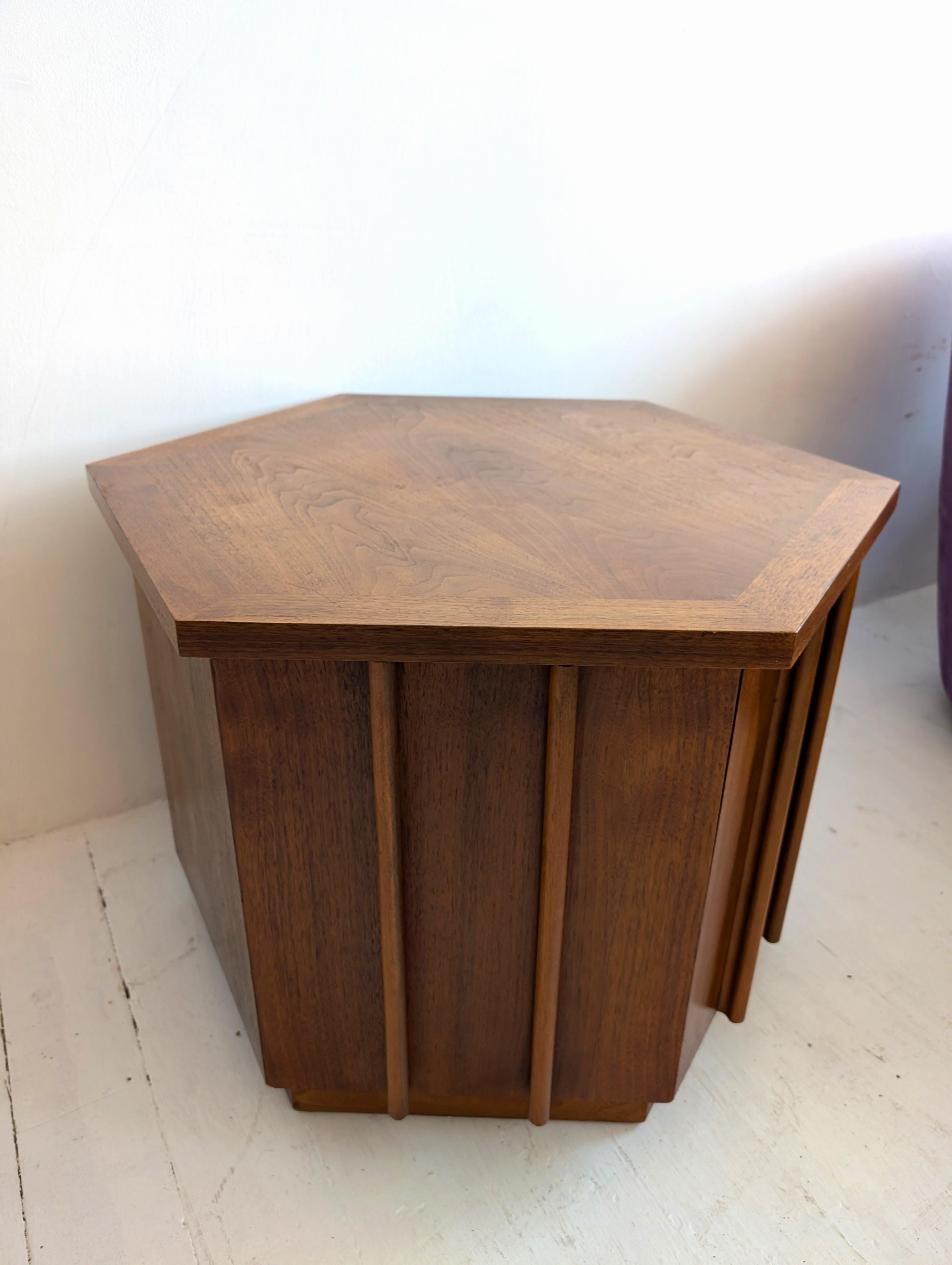 Walnut Lane brutalist walnut hexagonal end table/cabinet with storage, midcentury For Sale