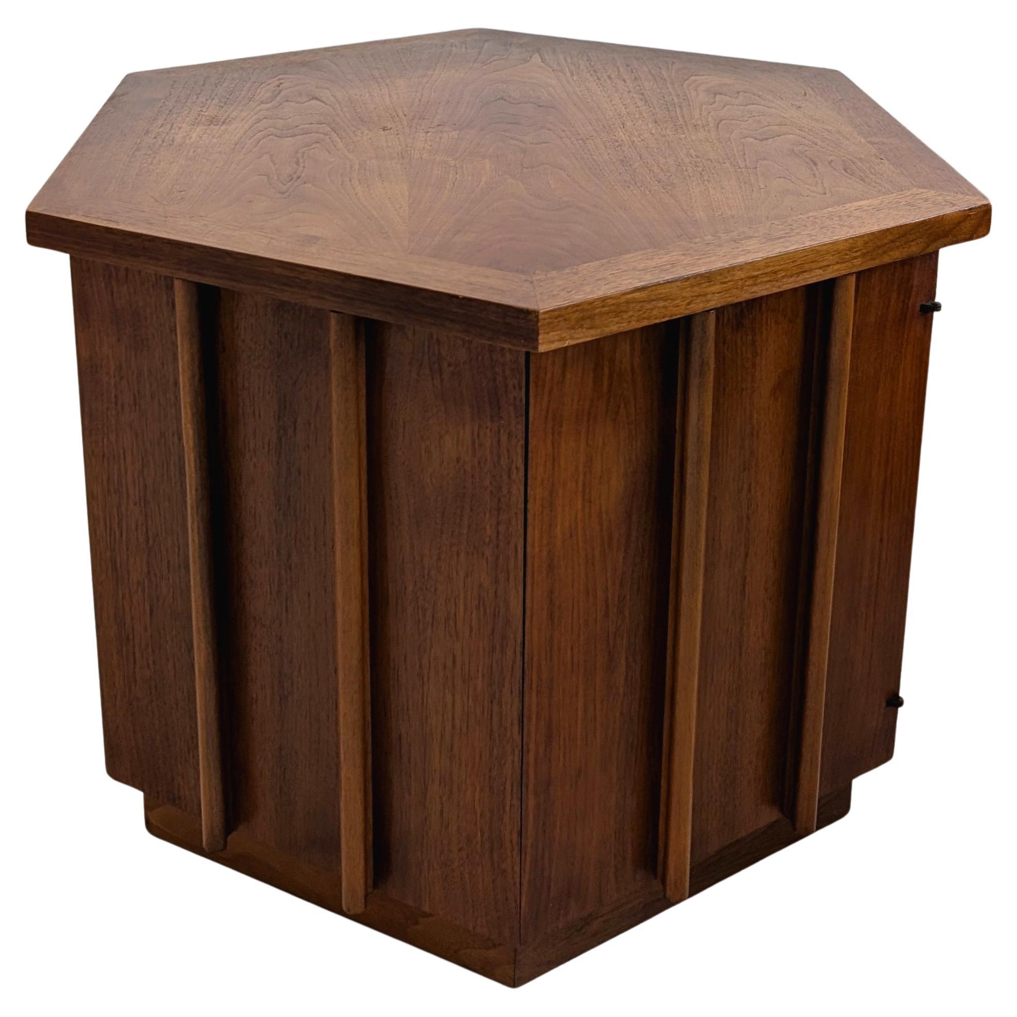 Lane brutalist walnut hexagonal end table/cabinet with storage, midcentury For Sale