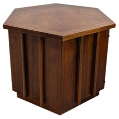 Lane brutalist walnut hexagonal end table/cabinet with storage, midcentury